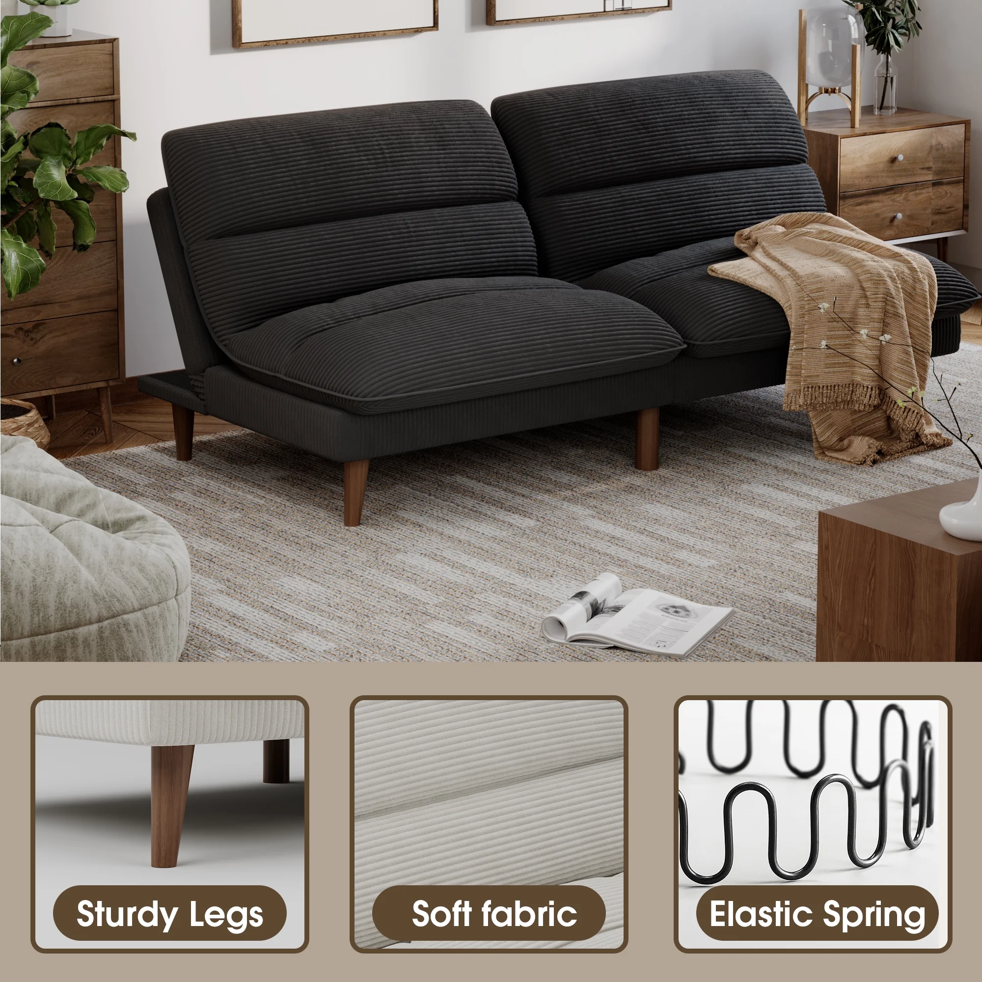 Homall Futon sofa, Two Seat Adjustable Sofa, Corduroy Fabric, Upholstered Sofa, Sofa Changeable into Bed, Leisure Reading and Games, Green - Image 15