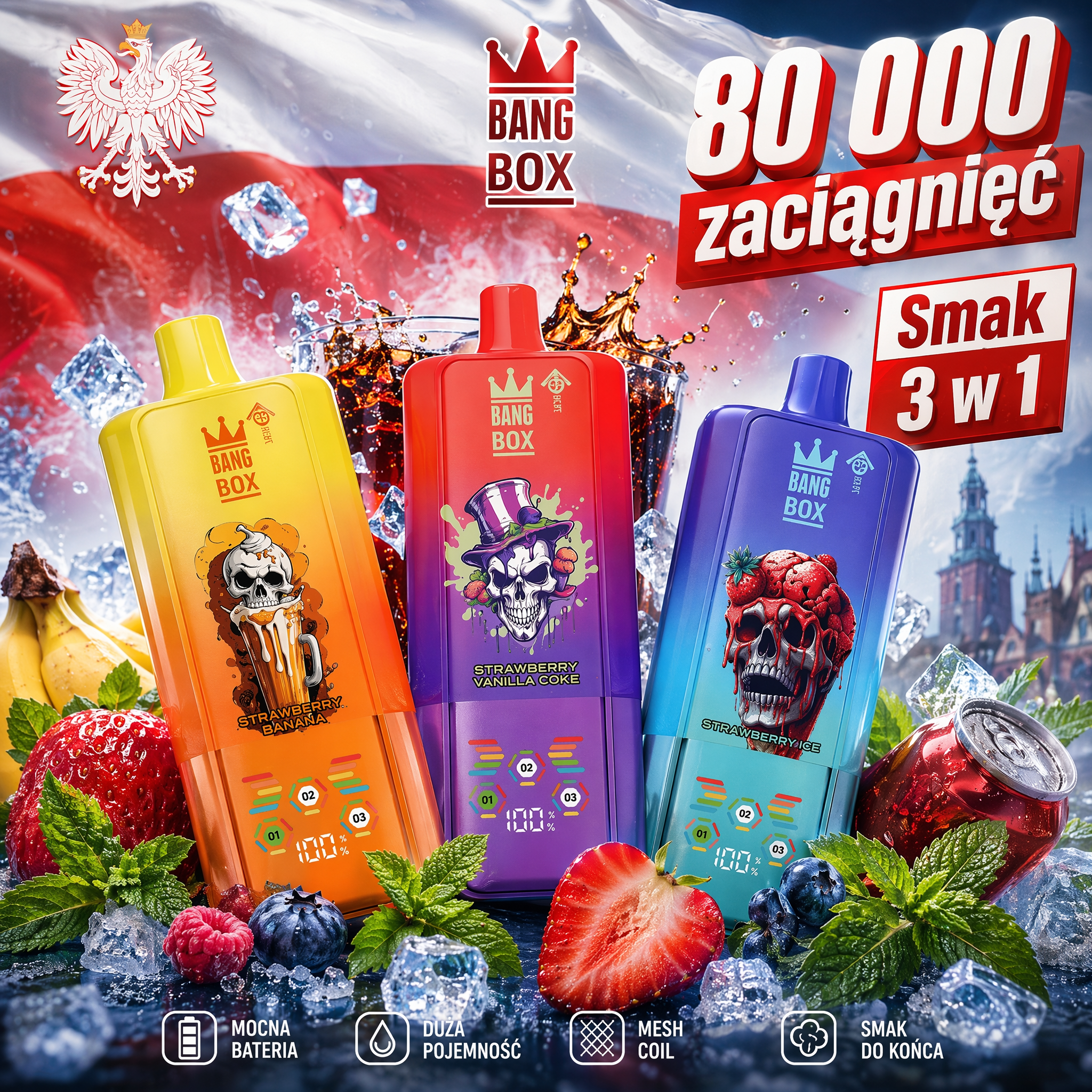 BANG BOX 80 000 zaciągnięć – vape 3w1, 12 smaków; Mesh Coil, mocna bateria, duża pojemność