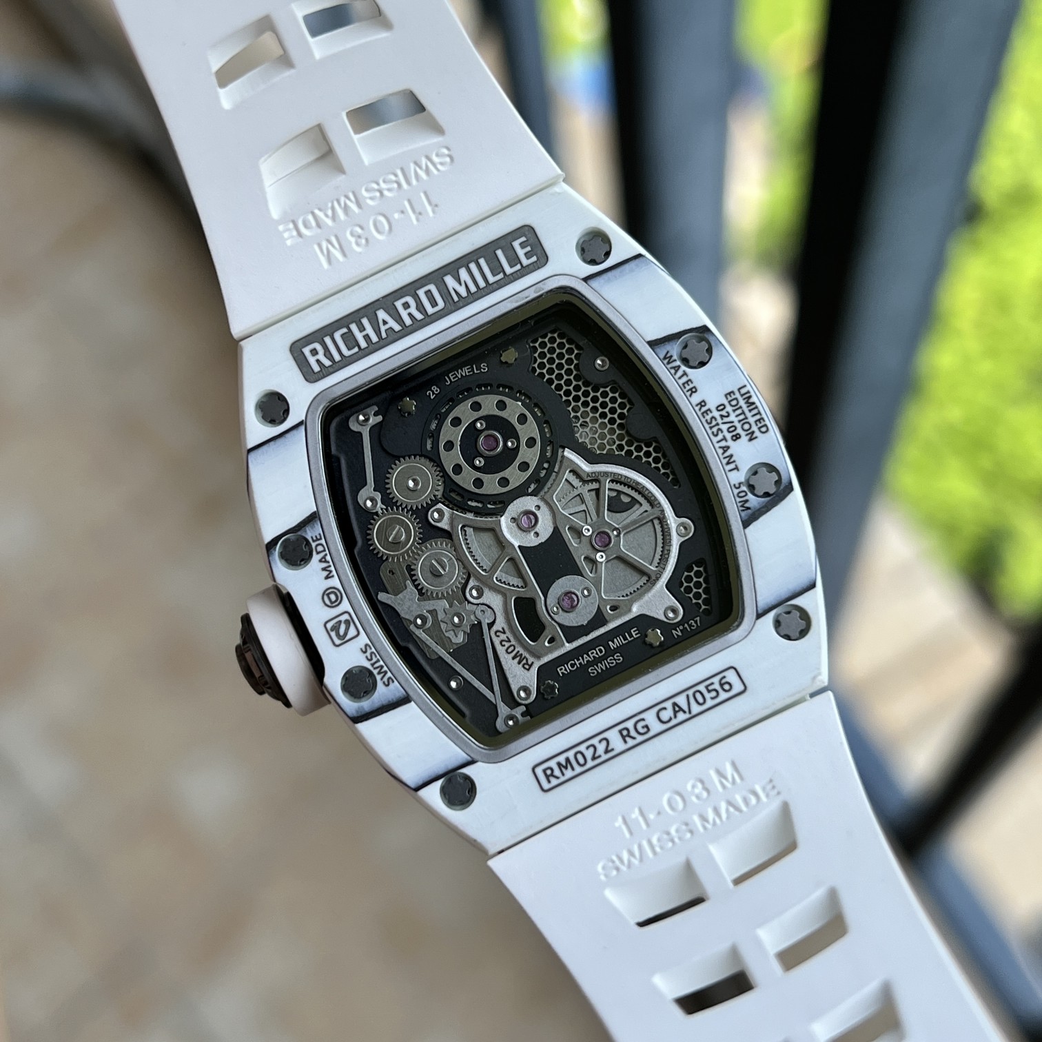 Richard Mille RM 022 Replica White Case White Strap Watch For Men �C Skeletonized Dial And Carbon Fiber Case - Top club