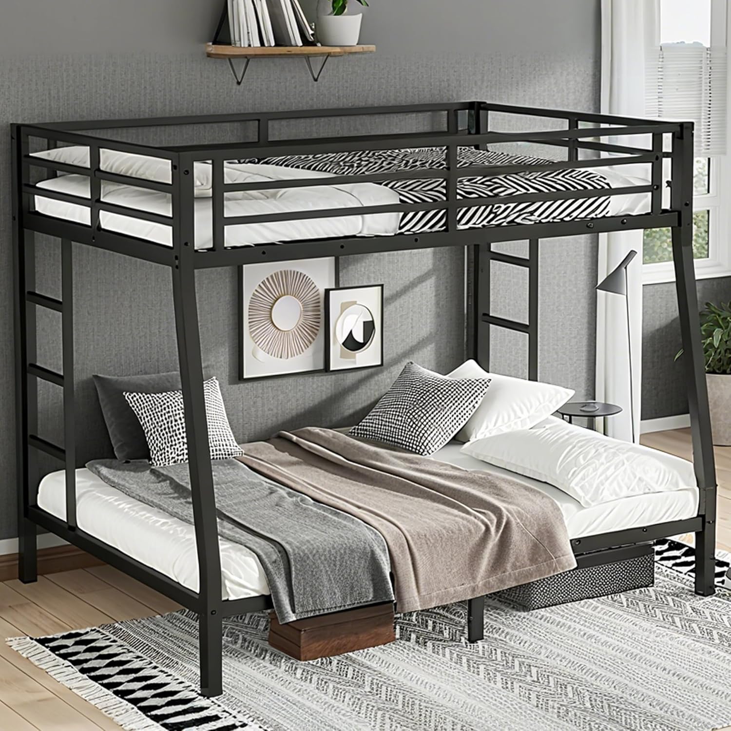 Bellemave Metal Full XL Over Queen Bunk Bed, Heavy-Duty Bunkbed Frame with Guardrails & 2 Ladders, Noise-Free, 9.8