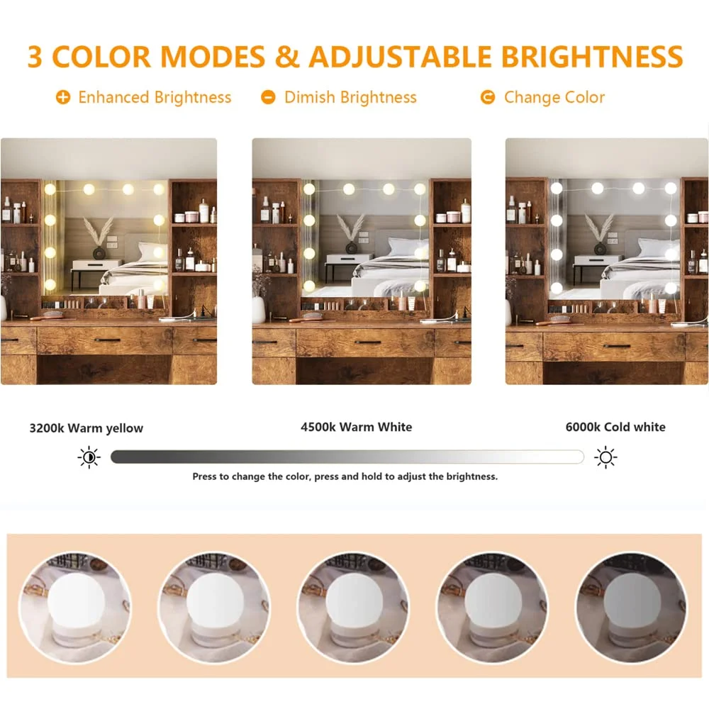 VEANERWOOD Large Makeup Vanity Set with Light Modern Makeup Vanity Table with Storage and Adjustable Lighting Colors for Bedroom 45.2in, White - Image 25