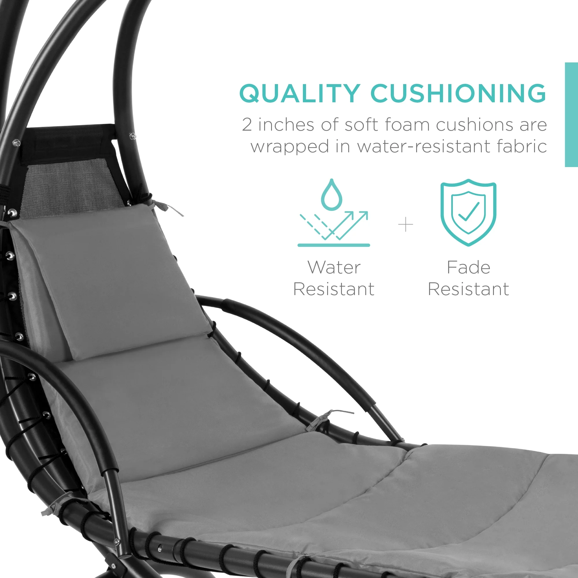 Best Choice Products Hanging Curved Chaise Lounge Chair Swing for Backyard, Patio w/ Pillow, Shade, Stand - Teal - Image 51