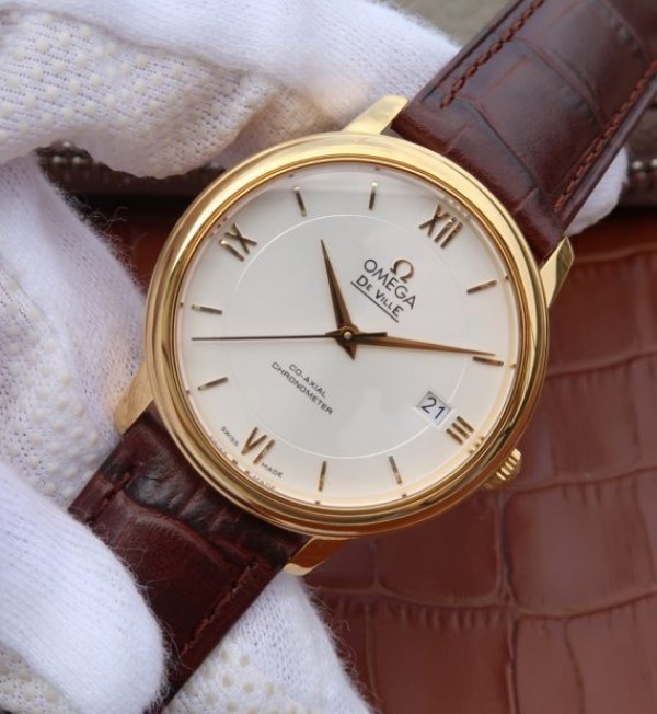 Replica Omega MKF De Ville 37mm YG White Dial YG Markers Leather Strap A2892 - Elite Watch Atelier