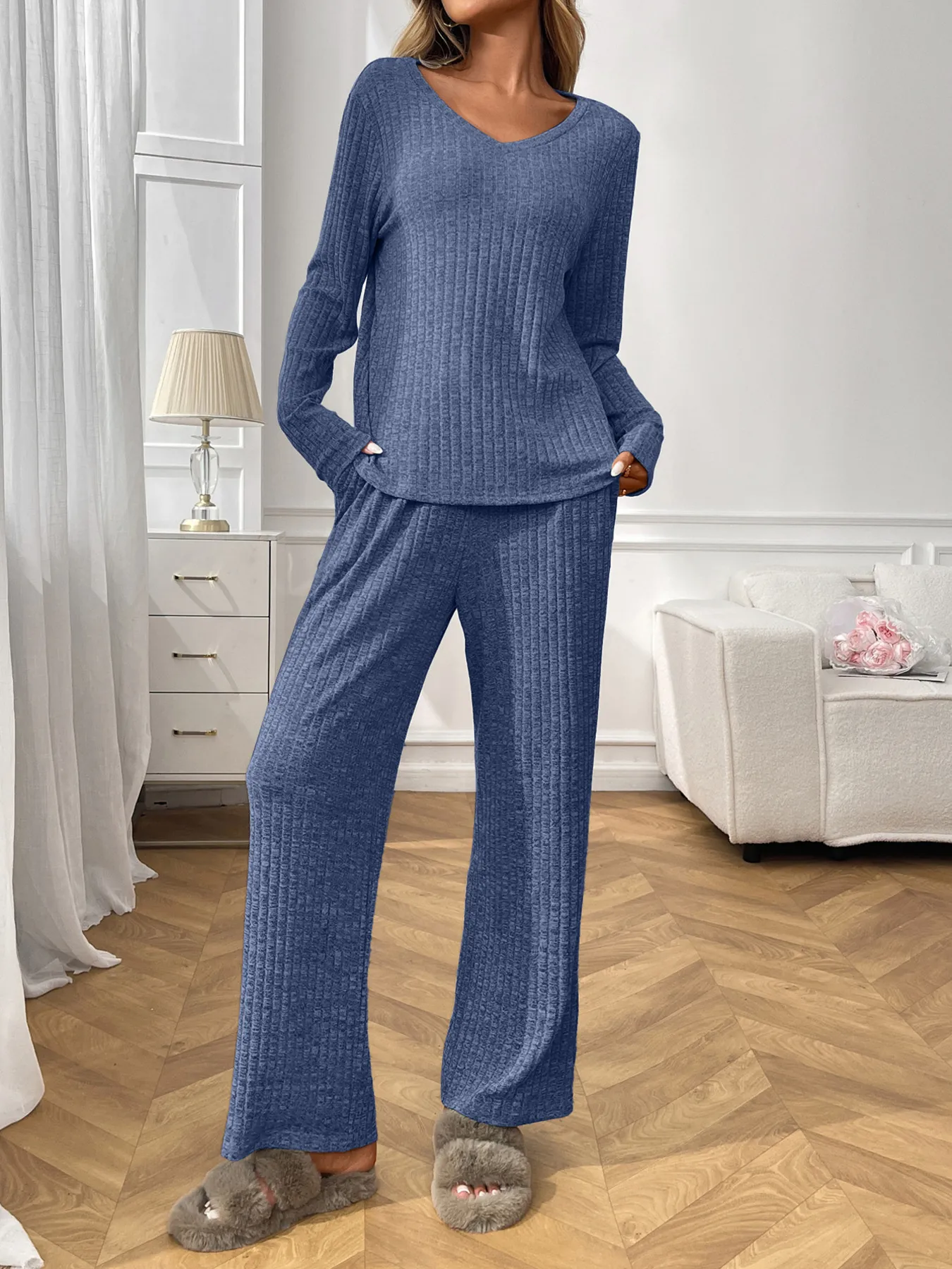 Ribbed Long Sleeve Top and Pants Lounge Set - ZKZOOK