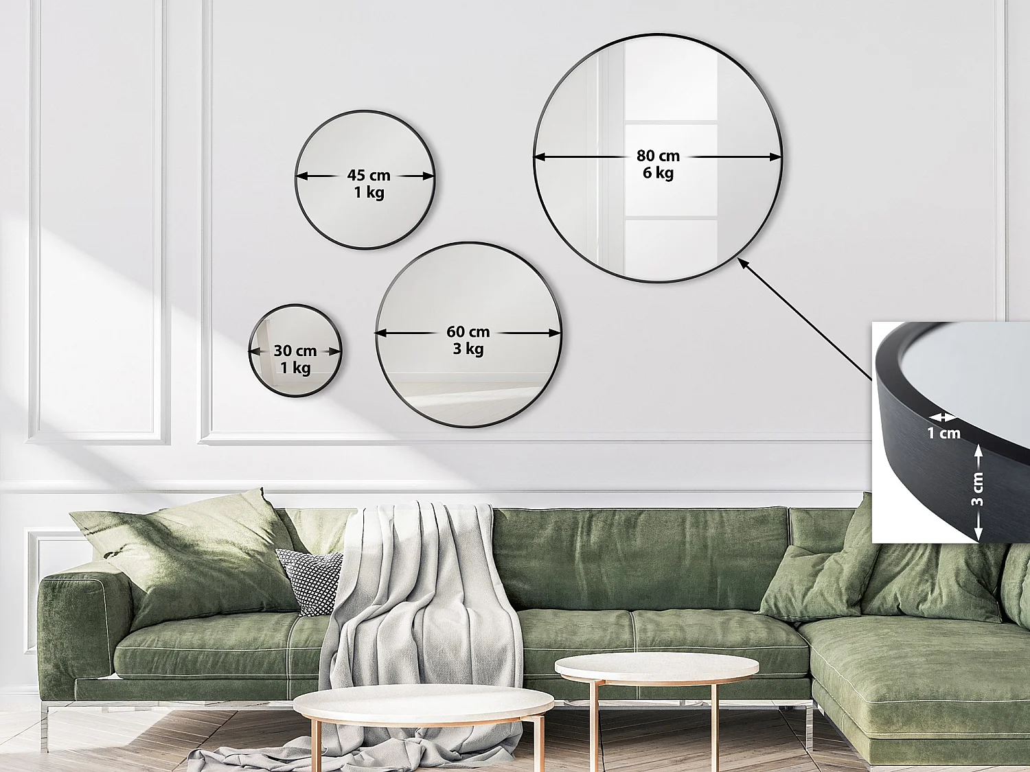 Miroir mural - rond Ø 45 cm - Métal - Noir - Elsie