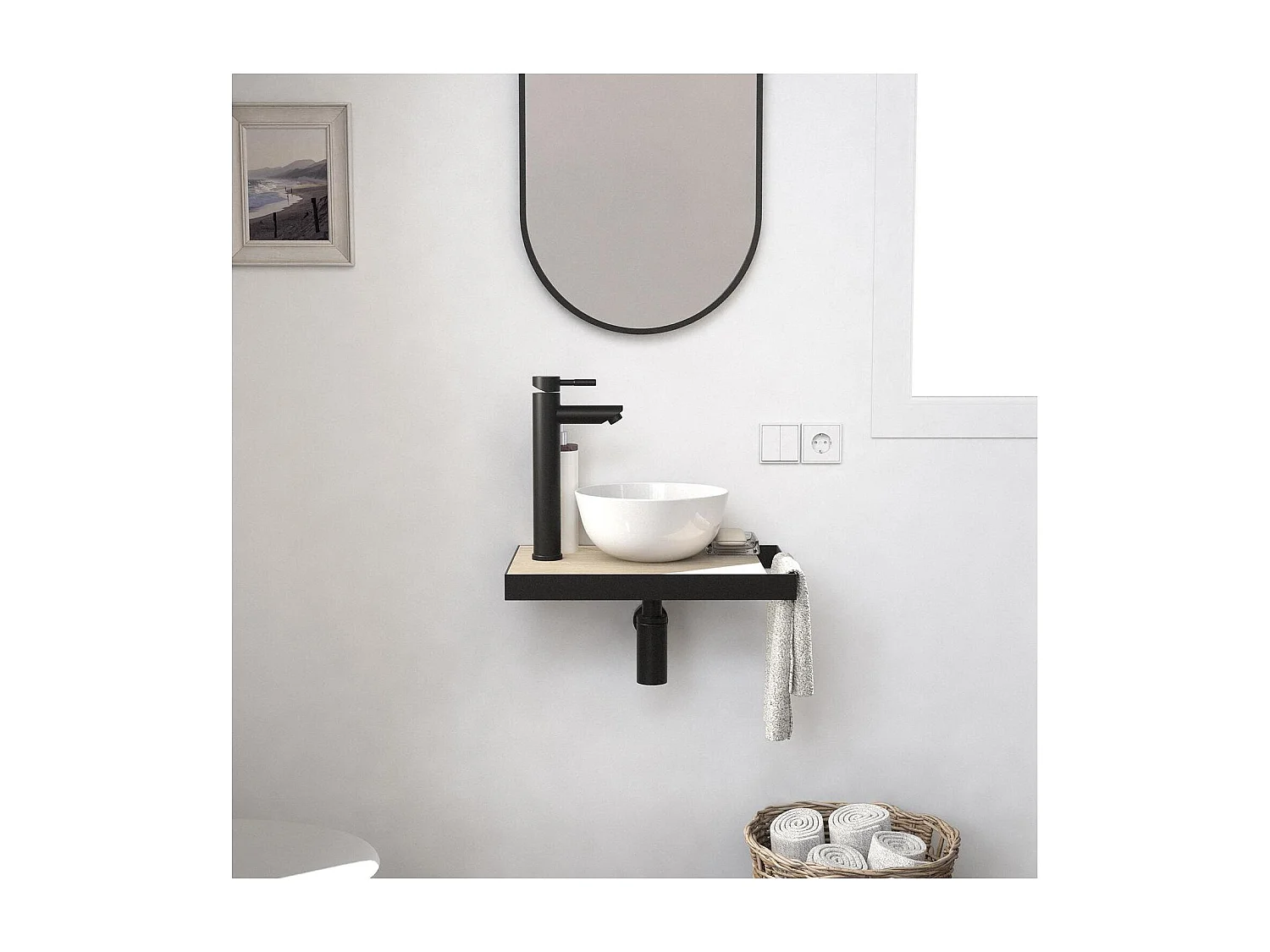 Meuble lave-mains SOHO plan fin p-serviette côté vasque blanche + miroir