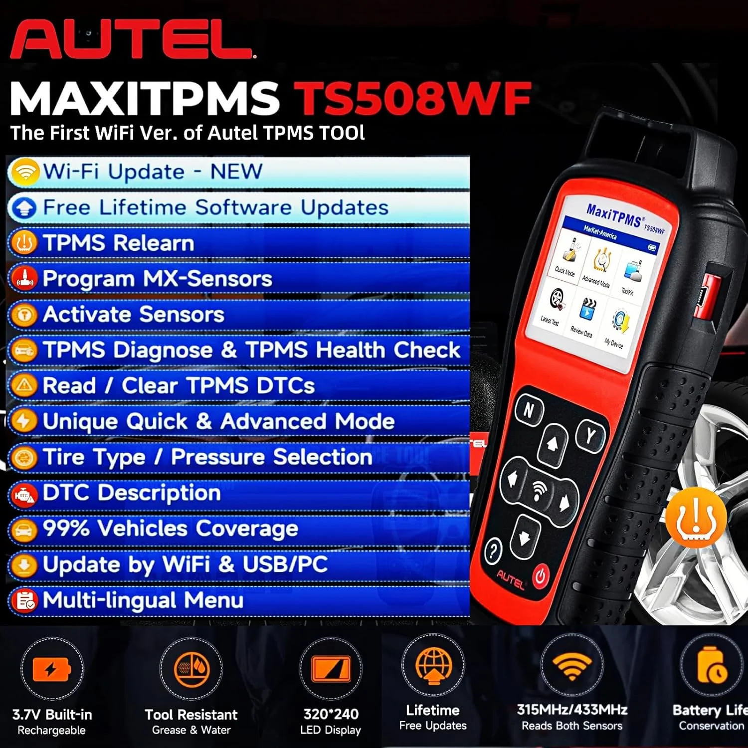 Alternative view of Autel MaxiTPMS TS508WF TPMS Relearn Tool Upgrade of TS508 TS408 TPMS Tool Activate/Relearn All Sensors Program Autel Sensors TPMS Reset/Diagnosis Read/Clear TPMS Code Free Lifetime Update