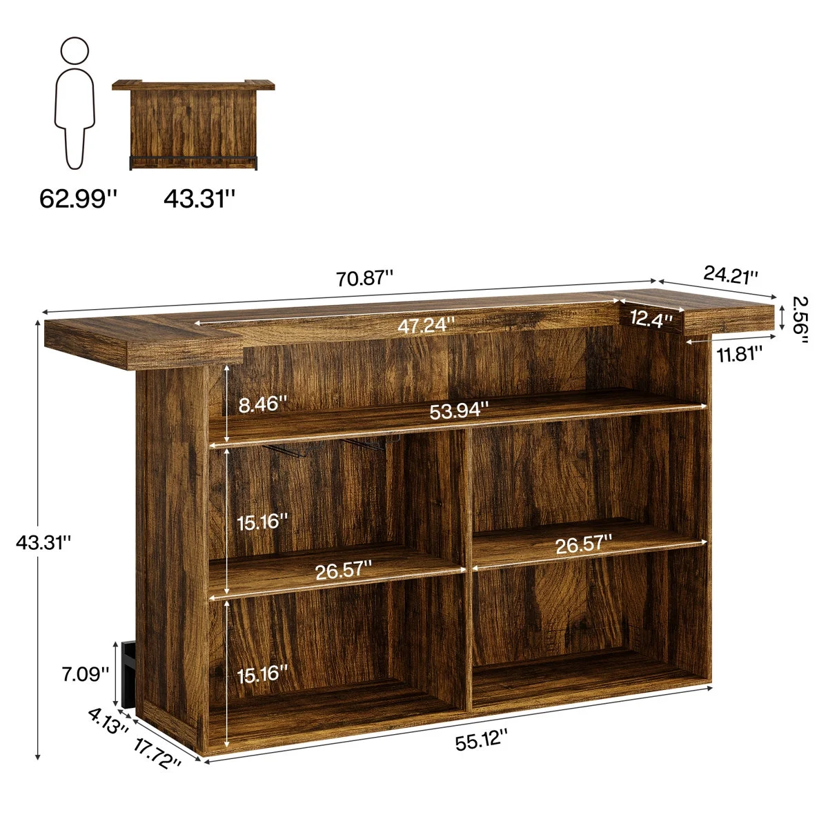Tribesigns 4-Tier Bar Table, 70.9-Inch Large Home Bar Cabinet with Wine Glass Holder and Black Footrest, for Kitchen, Dining Room, Living Room, Pub, Rustic Brown