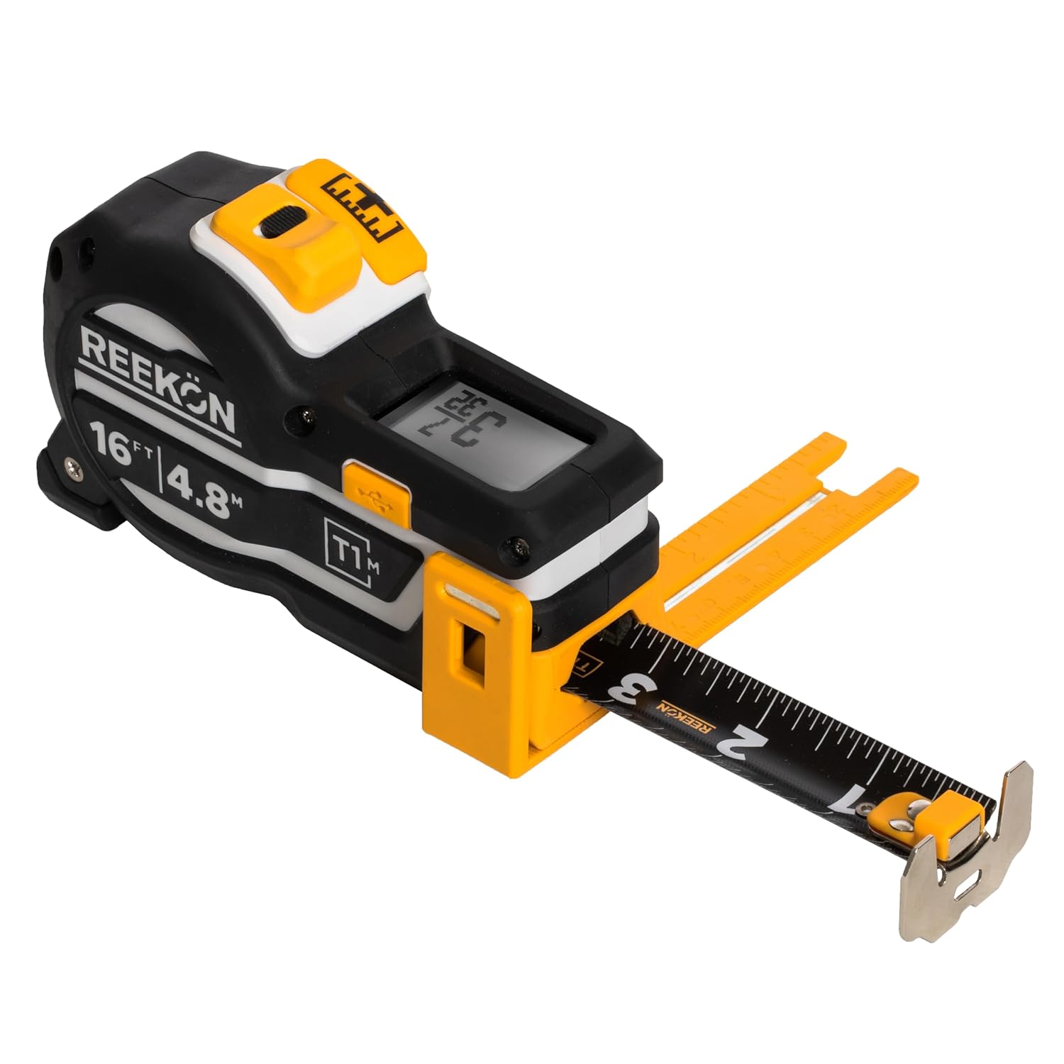 REEKON T1M Utility Digital Tape Measure 16ft (English) – Bluetooth Smart Measuring Tool, 1/32” Accuracy, Saves 1000+ Measurements, LCD Display, 150 Hour+ Battery Life & Rechargeable