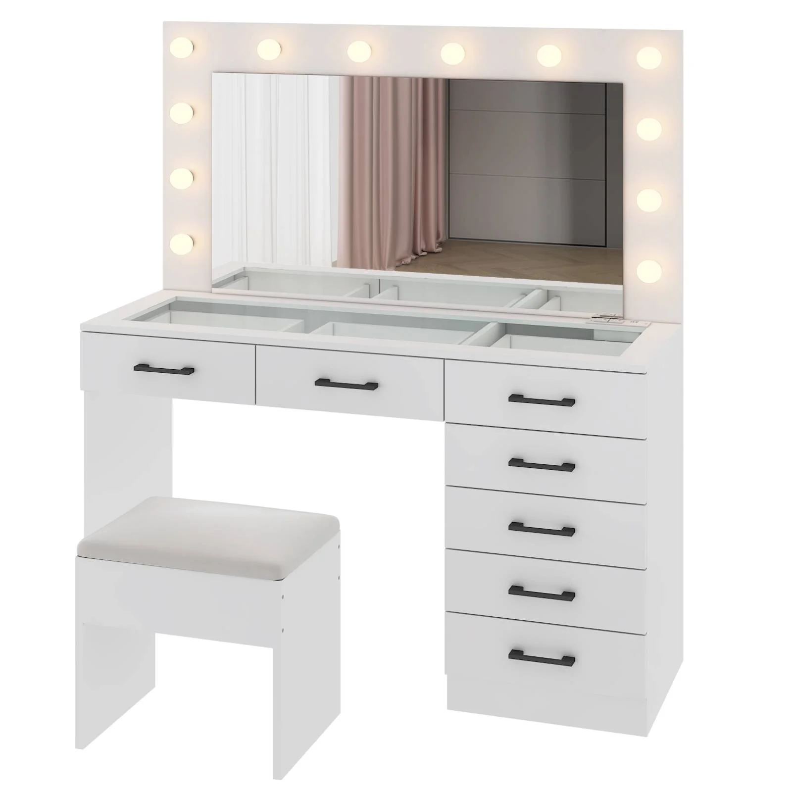 Ktaxon Large Makeup Vanity, Vanity Table Set w/ Visible Glass Top w/ Charging Station, White - Image 42