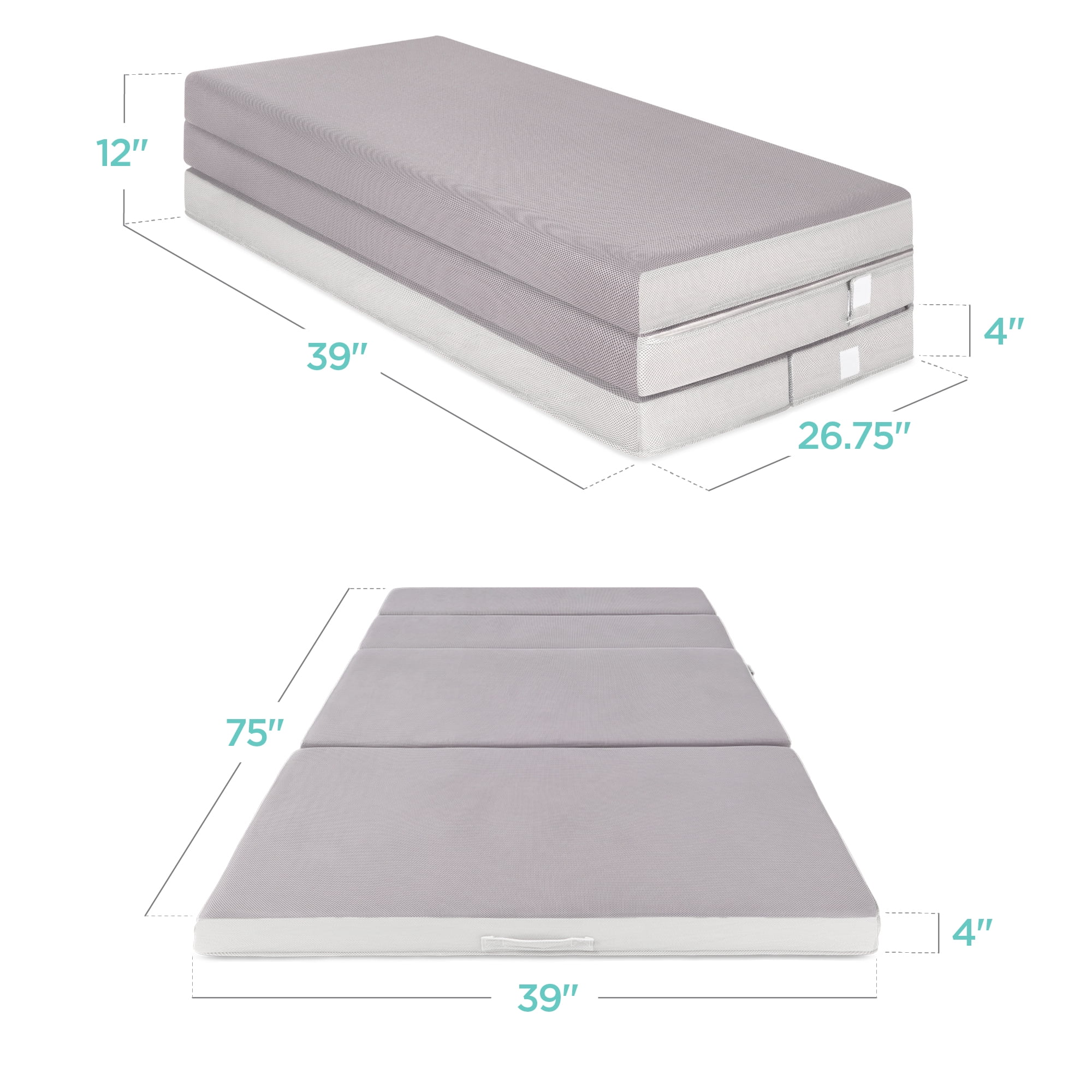 Best Choice Products 4in Thick Folding Portable Twin Tri-Fold Mattress w/ Carry Case, Washable Cover - Gray - Image 10