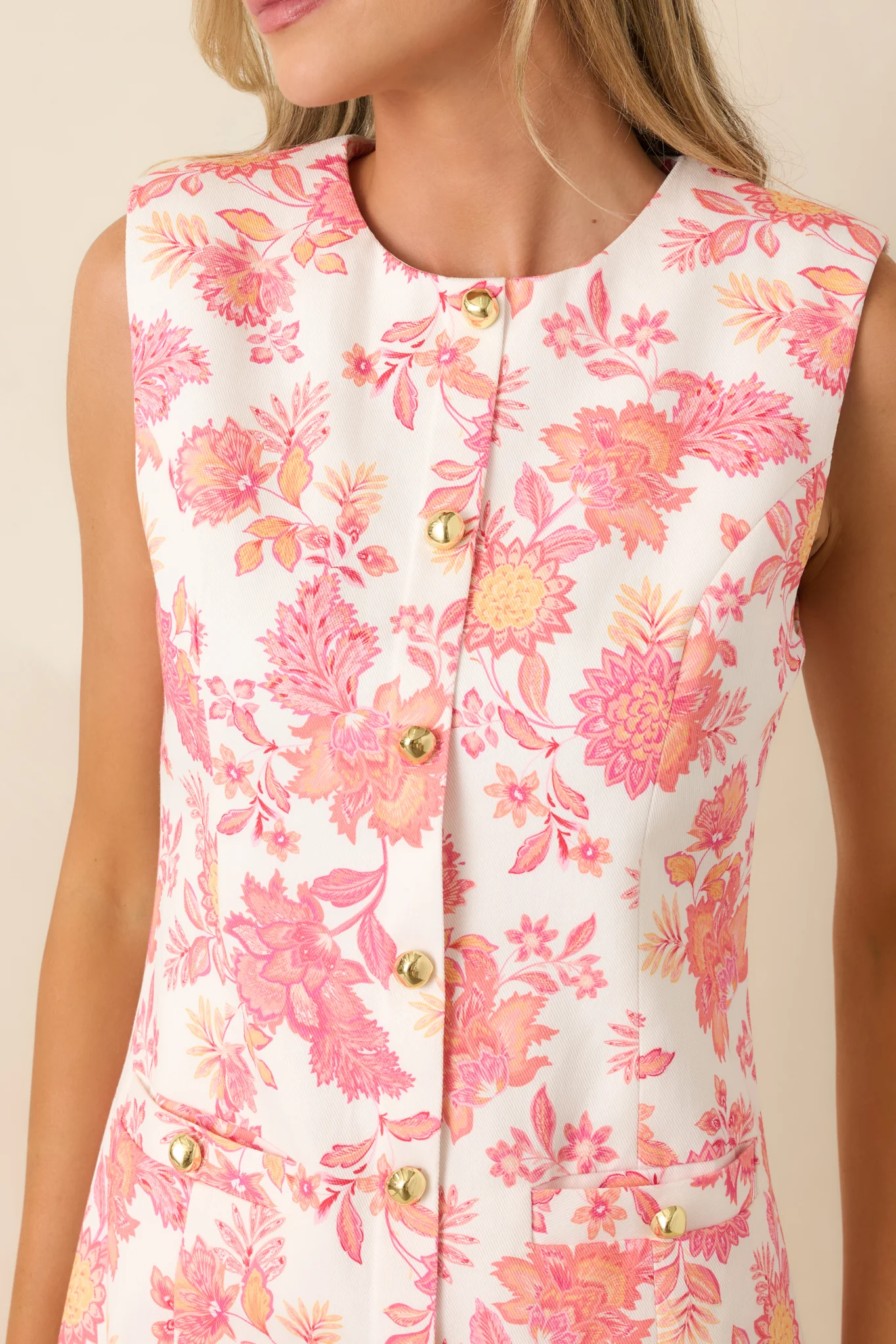 Polished in Petals Coral & Ivory Floral Cotton Button Front Mini Dress