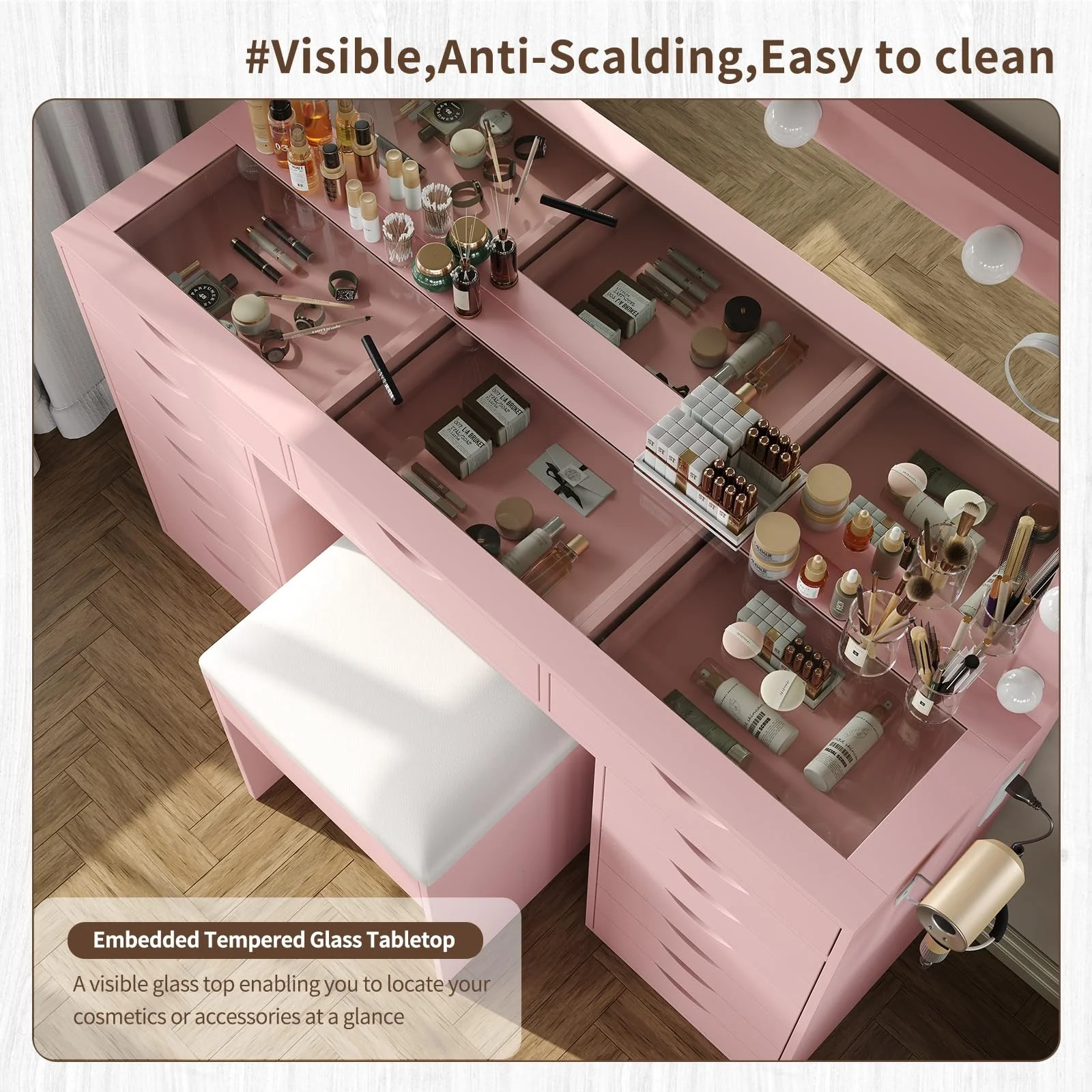 Yanosaku 15 Drawers Vanity Desk with Power Outlet, Makeup Table with Mirror and 13 LED Lights, 3 Color Lighting Modes, Brightness Adjustable, Glass Top Dressing Table, Vanity Set for Bedroom - Image 15
