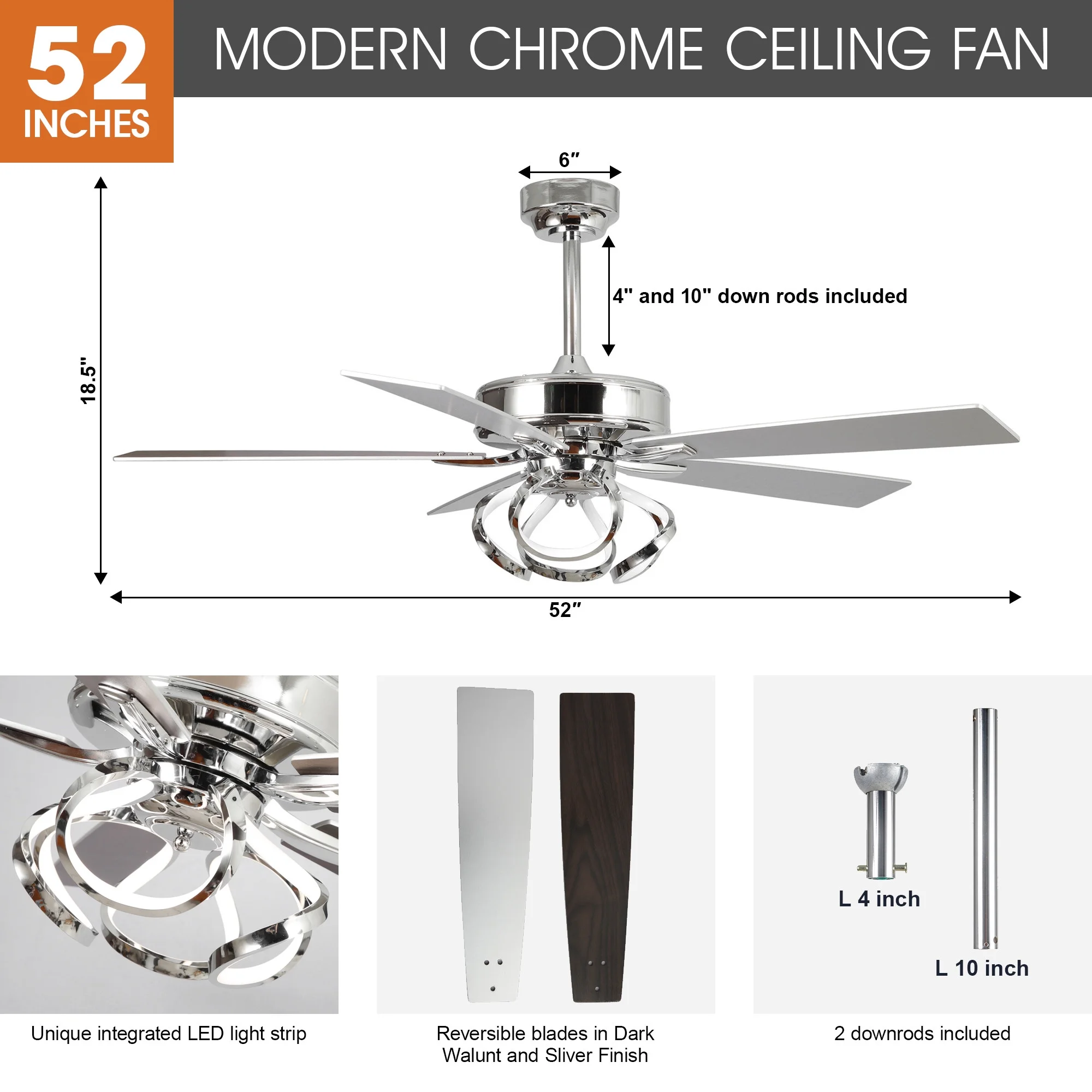 Parrot Uncle 52-Inch Contemporary Chrome Ceiling Fan with Integrated LED Lights and Remote Control - Image 7