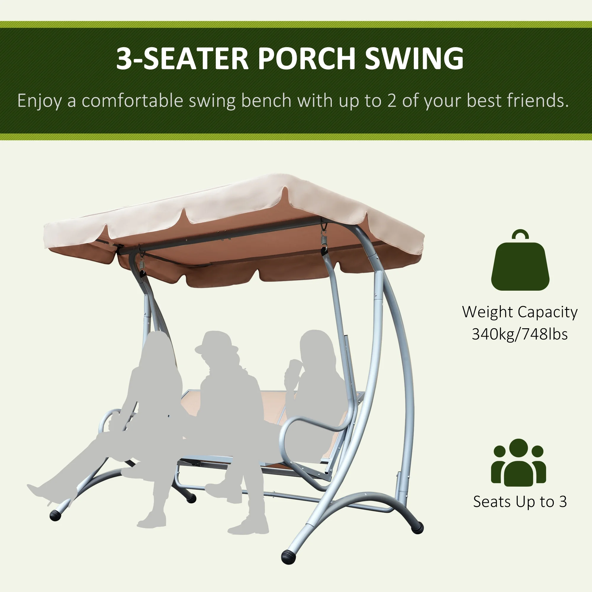 Outsunny 3 Person Patio Swing Seats, Porch Swing with Stand & Adjustable Canopy, Heavy Duty Outdoor Swing Chair Bench for Adults, Black - Image 24