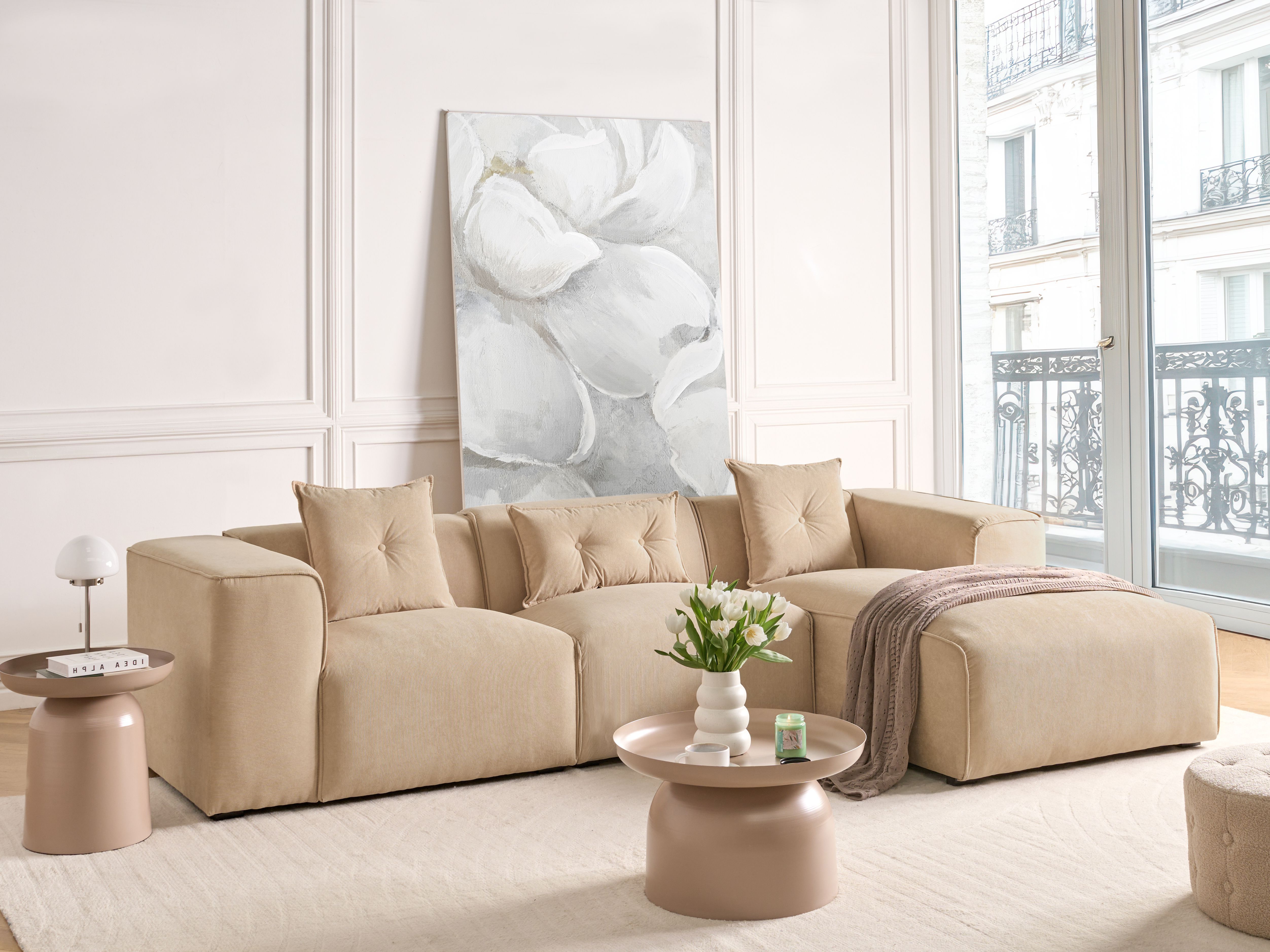 Corner Sofa 3 Seater DOLVA Corduroy Beige Left Hand