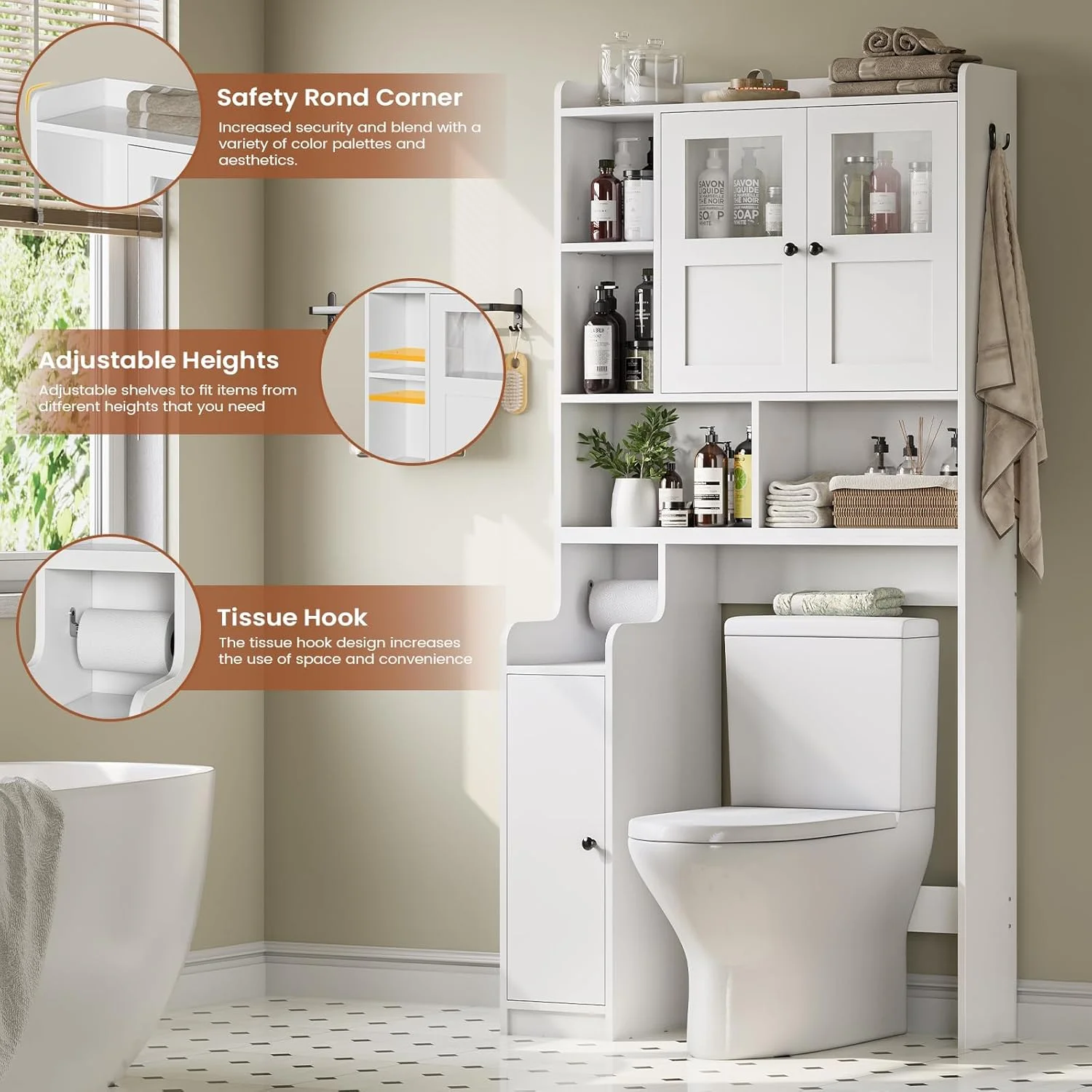 Over The Toilet Storage Cabinet with 3 Doors, Farmhouse Space Saver for Bathroom Organizer with Paper Holder, 10 Shelves and Hooks, 7-Tier Over Washing Machine Cabinet for Laundry, Bathroom, Natural - Image 20