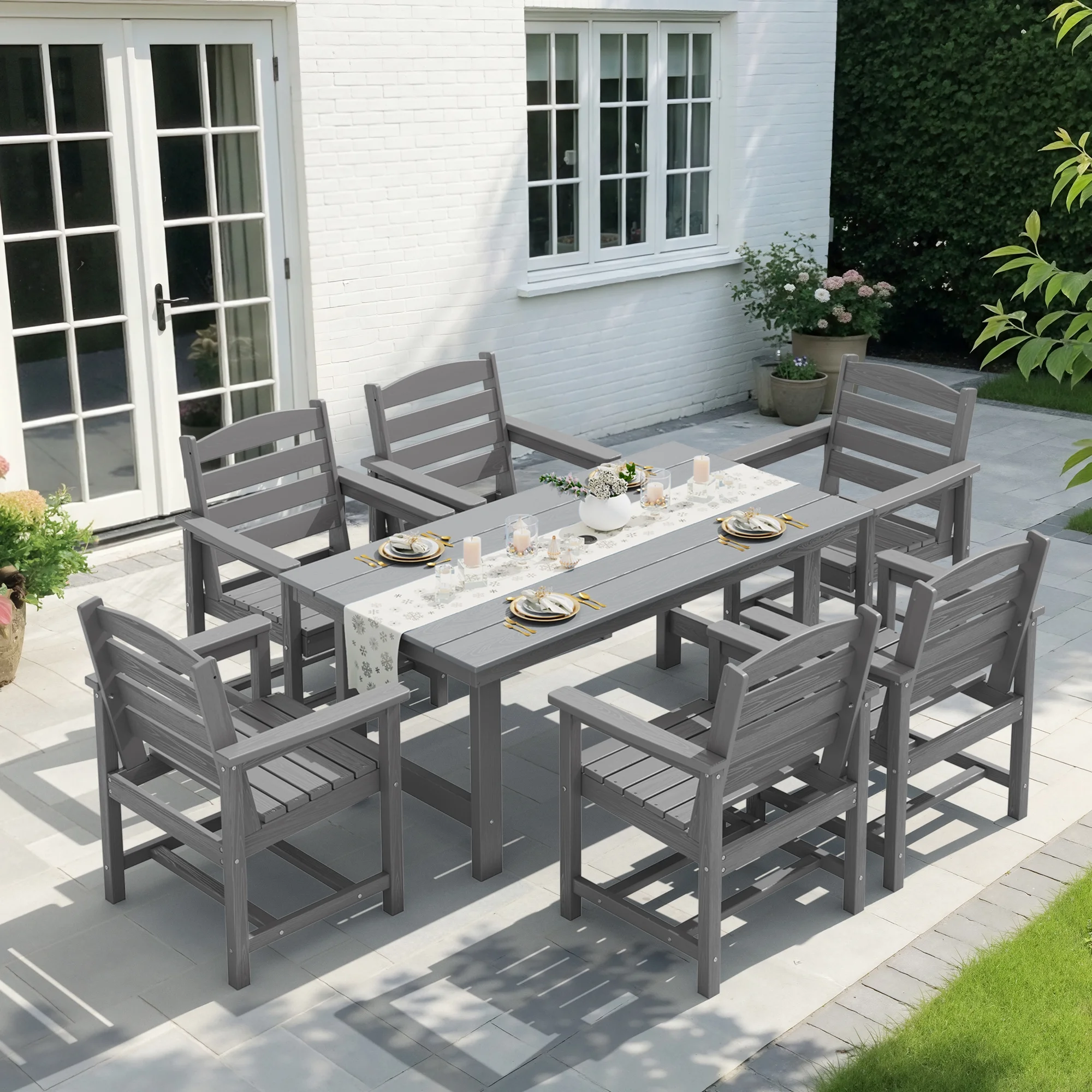 KINGYES 7-Piece Outdoor Dining Set, HDPE Patio Table and Chairs with Umbrella Hole, Gray - Image 15