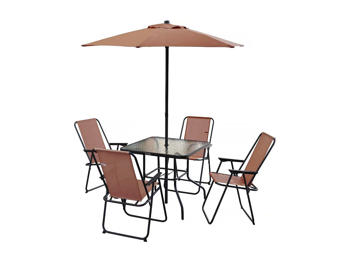 Salon de jardin repas avec parasol en métal 