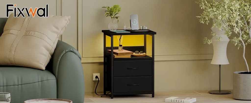 Fixwal Modern Black LED Nightstand in Living Room Scene