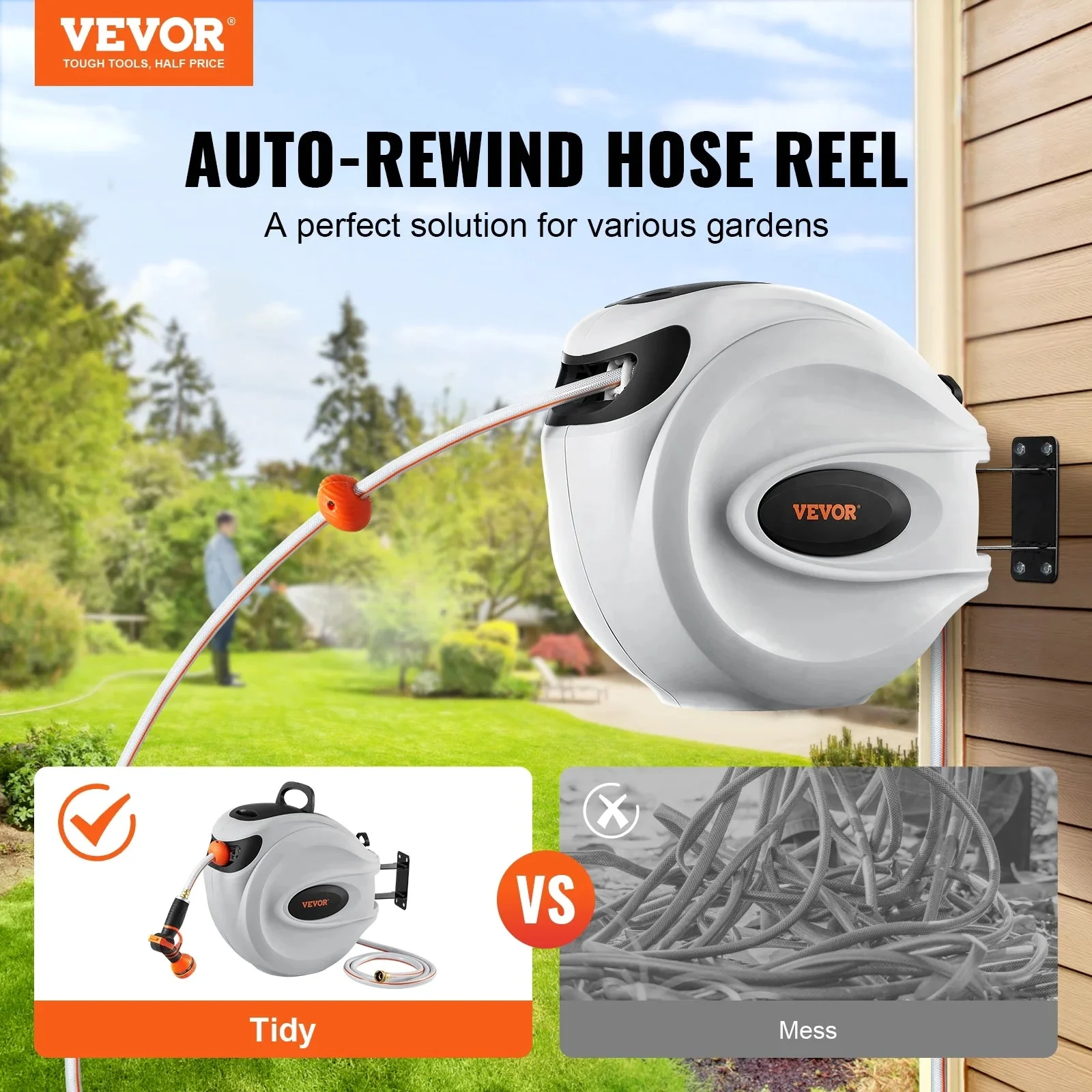VEVOR Retractable Garden Hose Reel, 100 ft x 1/2 inch, Wall-Mounted With 9-Pattern Nozzle - Image 2 VEVOR Retractable Garden Hose Reel, 100 ft x 1/2 inch, Wall-Mounted With 9-Pattern Nozzle - Image 2