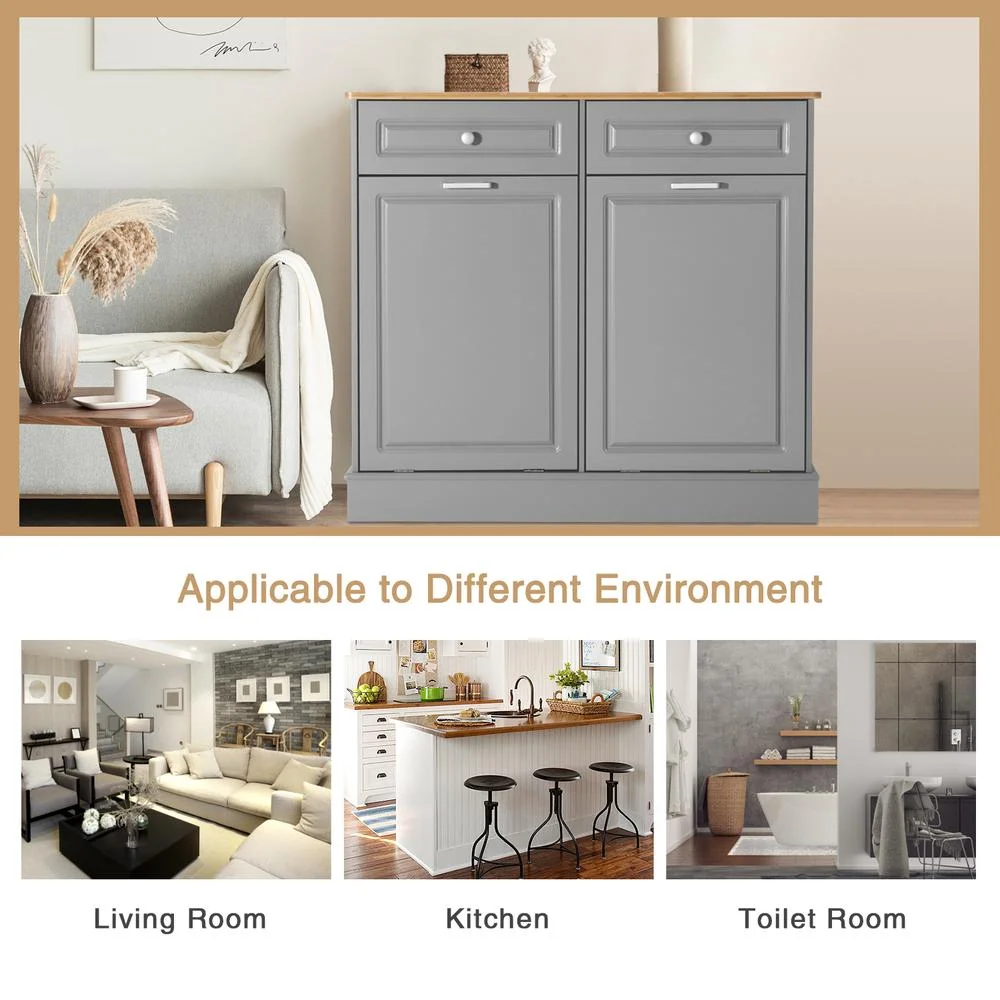 Eclife 20 Gallons Double Tilt Out Trash Cabinet Wood Tabletop, Upgrade Gray, WB010GY - Image 12