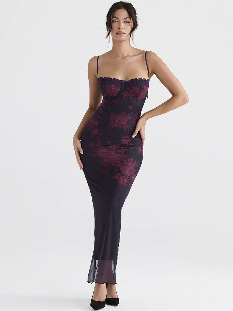 Purple Print Sexy Long Fishtail Dress For Women Robe New Spaghetti Strap Sleeveless Backless Ruched Maxi Dress Vestidos - AZJHJ