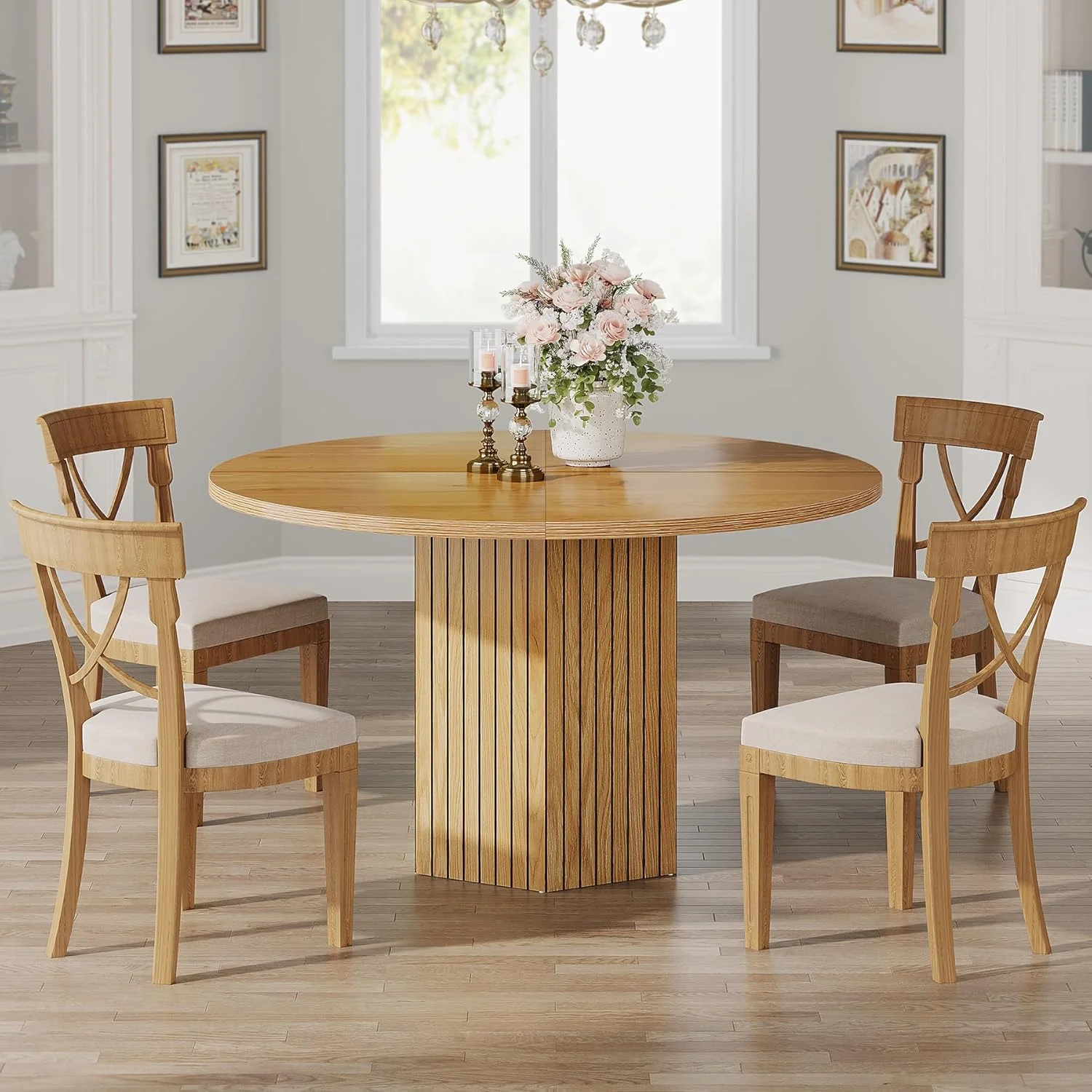 Tribesigns Round Dining Table for 4 People, 47 inch Kitchen Table with Heavy Duty Pedestal Base Circle Oak Tabletop for Kitchen Living Room, Oak