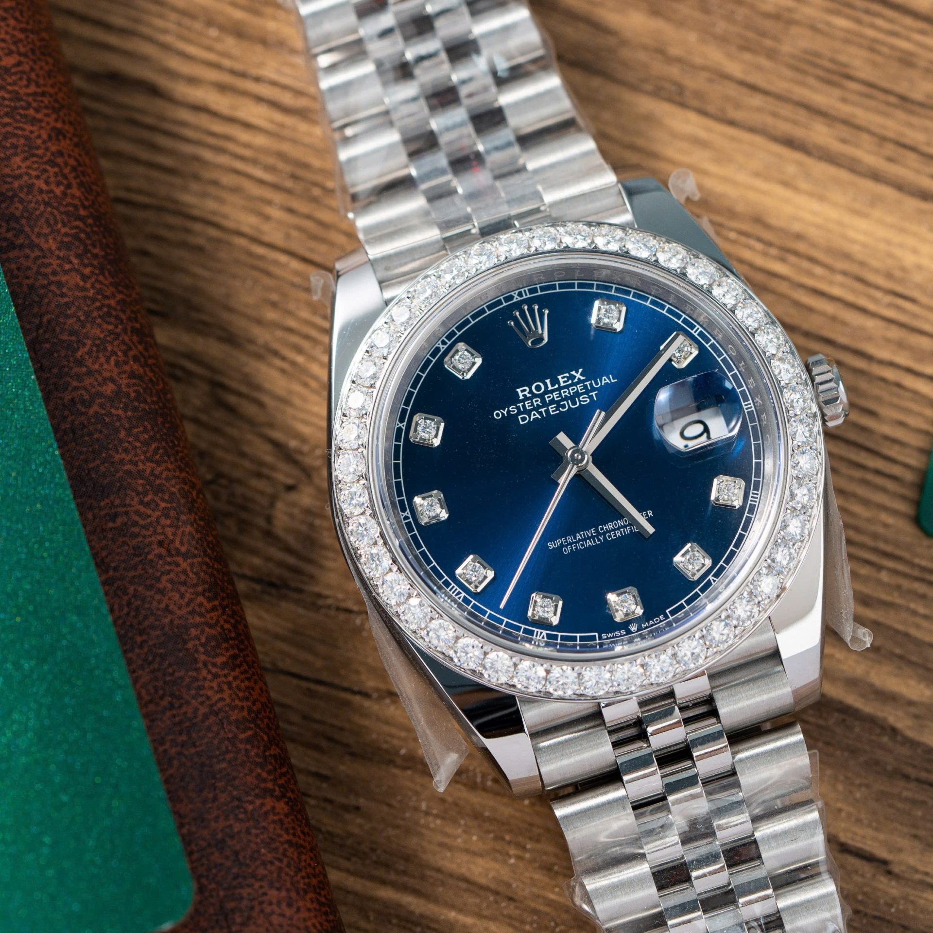 Rolex Replica Watch DateJust Blue Dial With Moissanite Diamond Bezel Factory Clean 41mm - Elite Watch Atelier