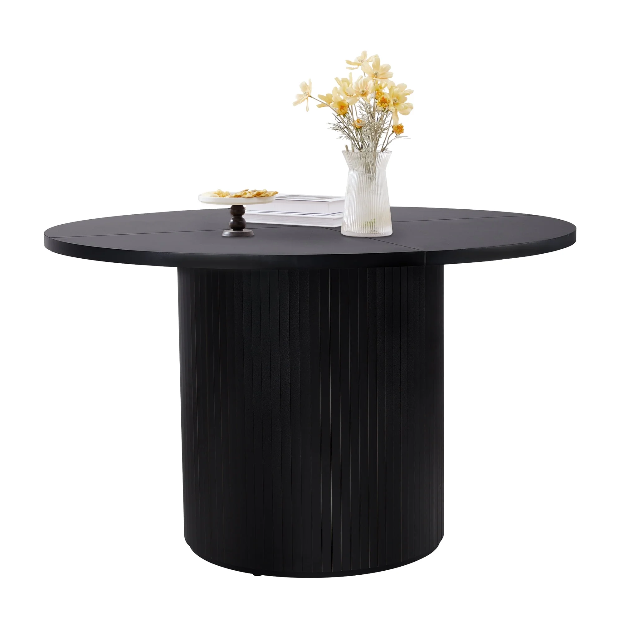 Wirrytor Round Dining Table, Modern Farmhouse Kitchen Table, 47 Inch Coffee Circle Dining Tables with Wood Strip Base for Kitchen Living Room, Black
