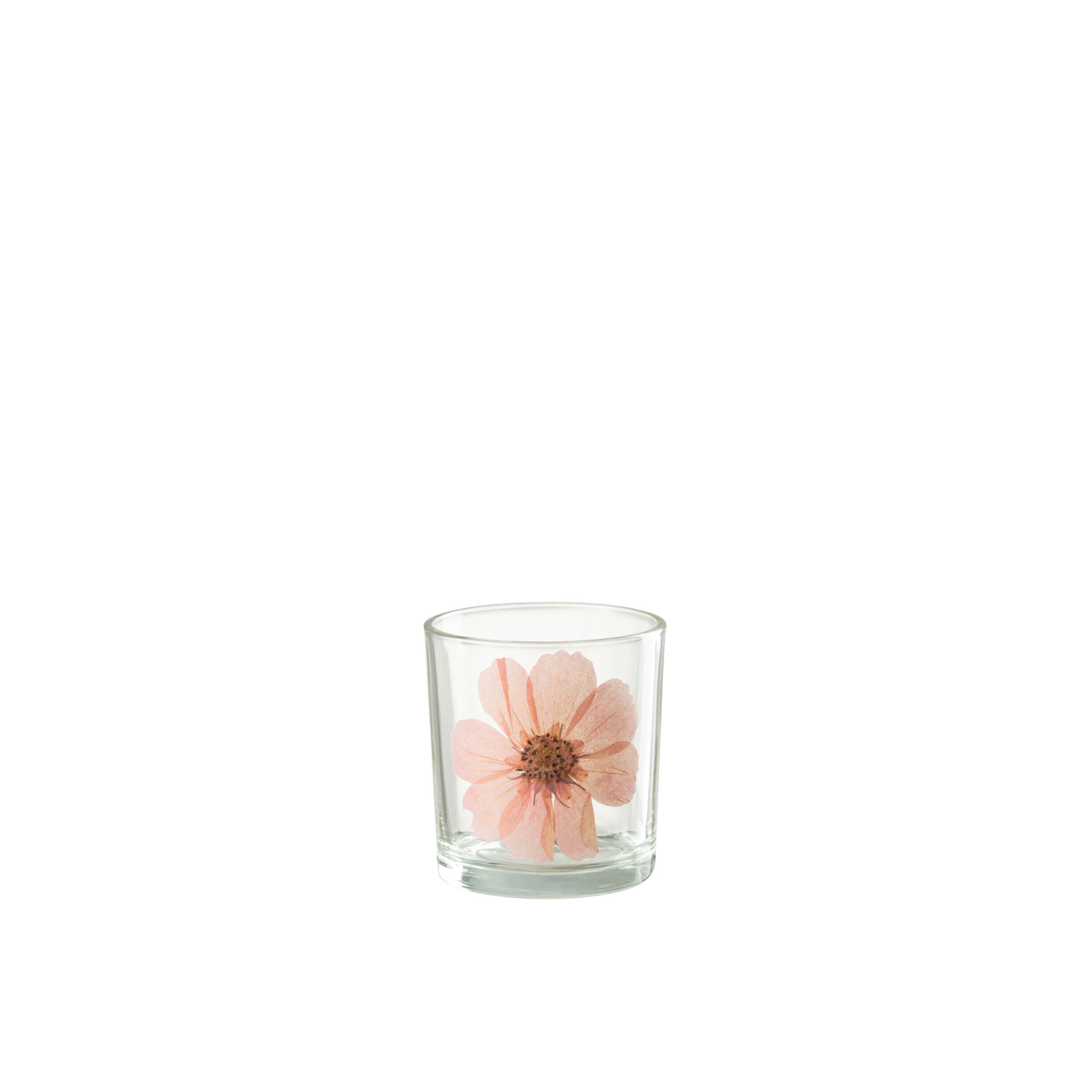 J-Line windlicht Bloem - glas - roze - small - 2 stuks