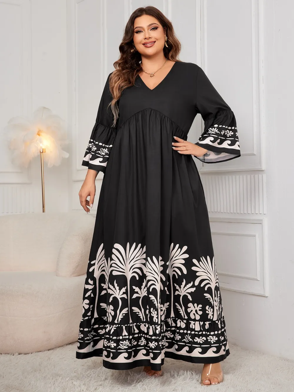 Honey Plus Size Printed V-Neck Long Sleeve Maxi Dress - ZKZOOK