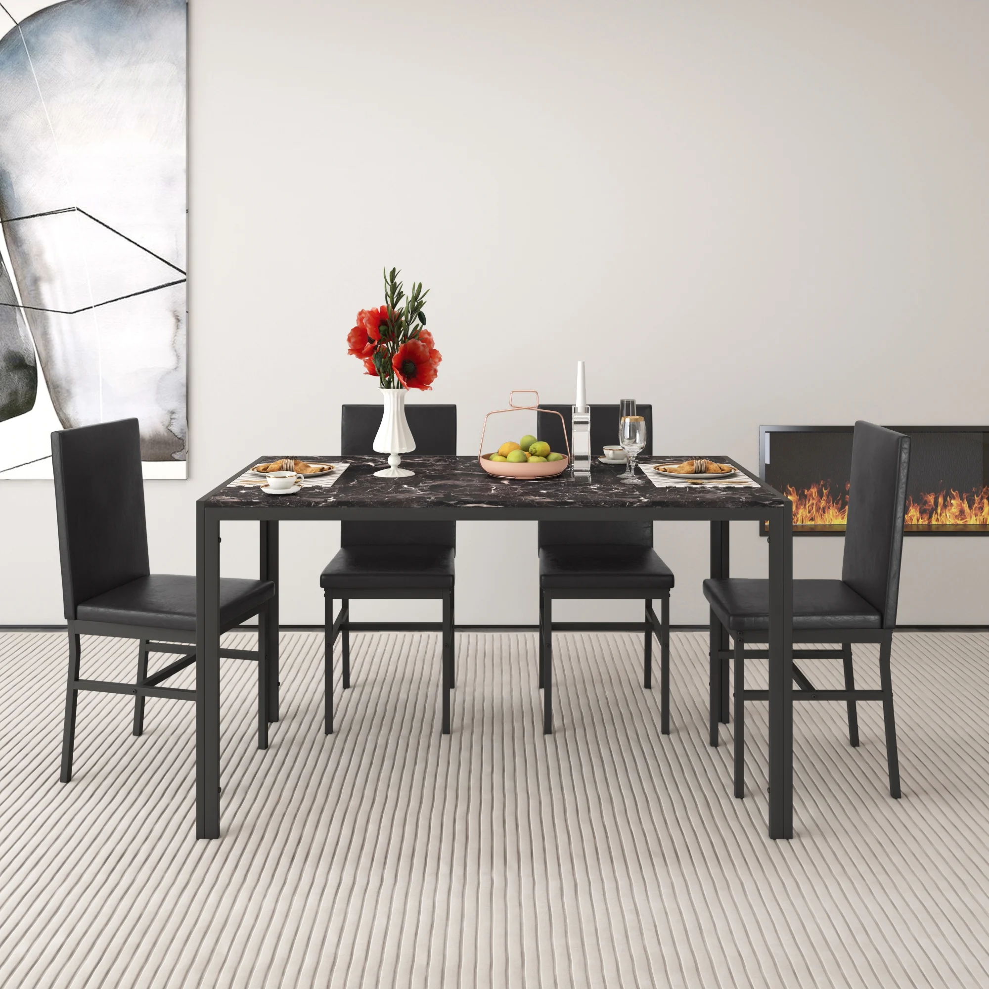 5 Piece Dining Set, Modern Dining Table and Chairs Set for 4, Counter Height Bar Table Set, Modern Pub Table with 4 Velvet Fabric Cushioned Stools, Faux Marble Dining Table & Stools Set, D9297 - Image 44