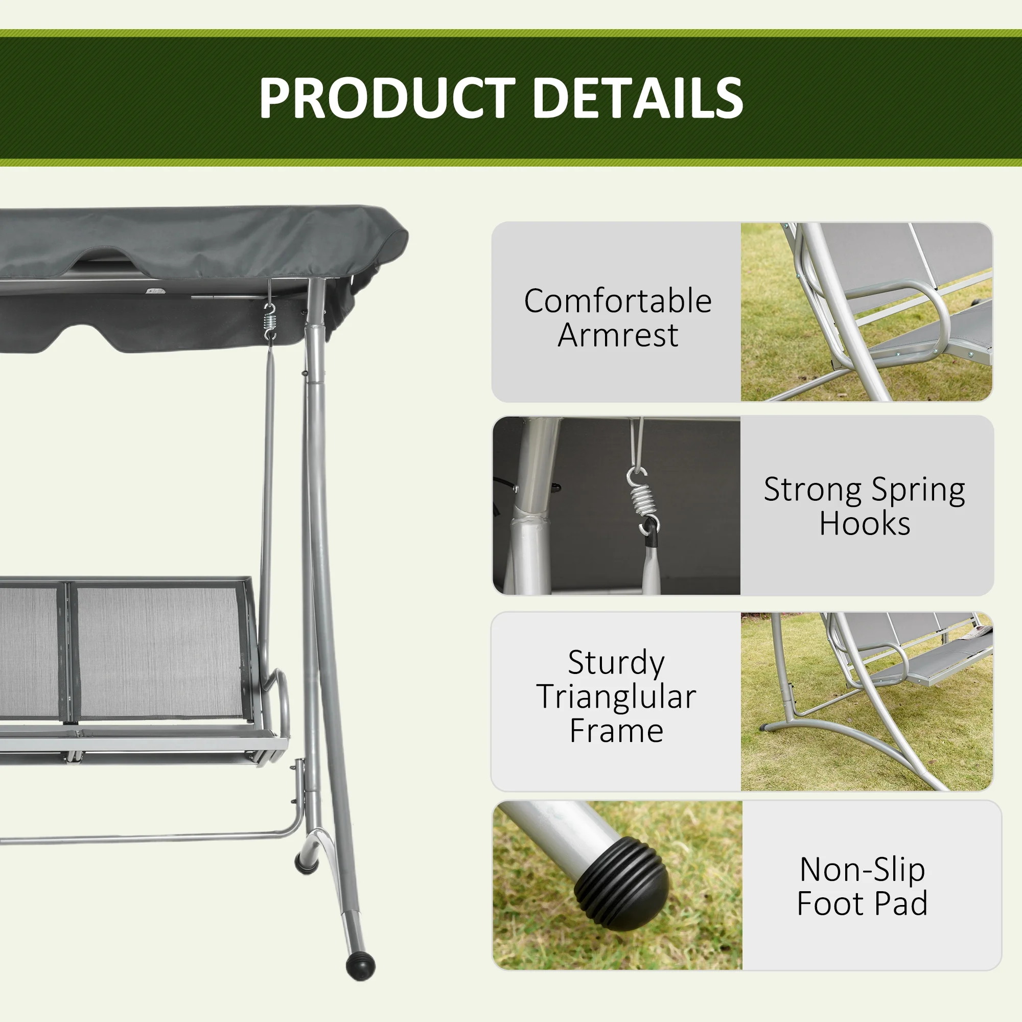 Outsunny 3 Person Patio Swing Seats, Porch Swing with Stand & Adjustable Canopy, Heavy Duty Outdoor Swing Chair Bench for Adults, Black - Image 31