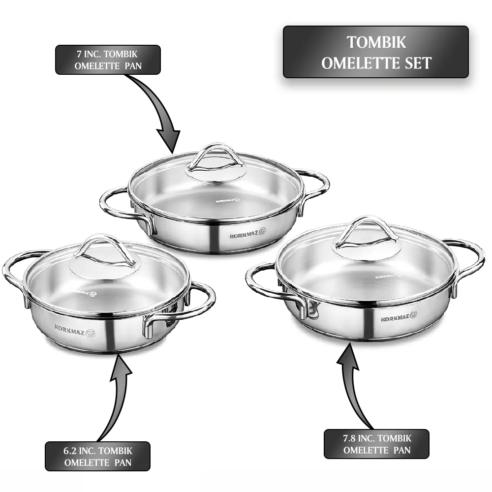 KORKMAZ Tombik Stainless Steel Omelet Set, Cooking Pots with Lids, 6Pcs, 6.3-7.1-7.9 inch