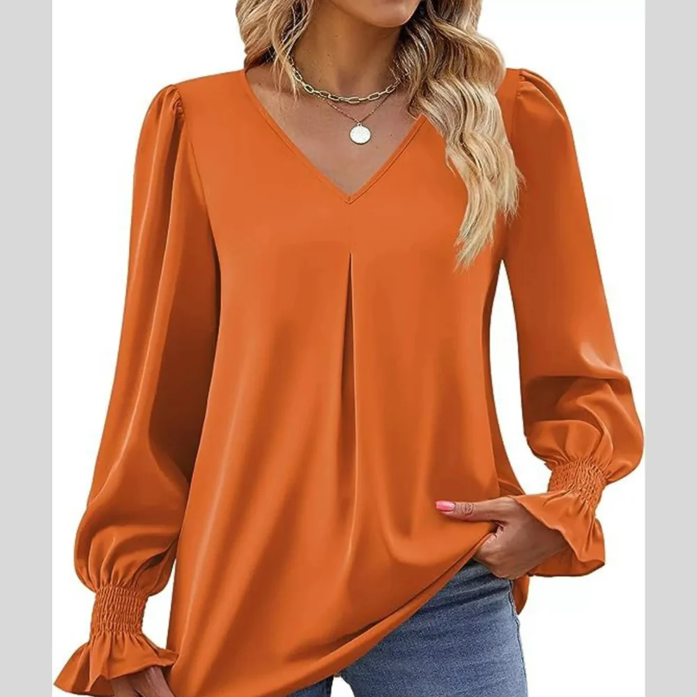 V-Neck Long Sleeve Ruffle Cuff Blouse - ZKZOOK