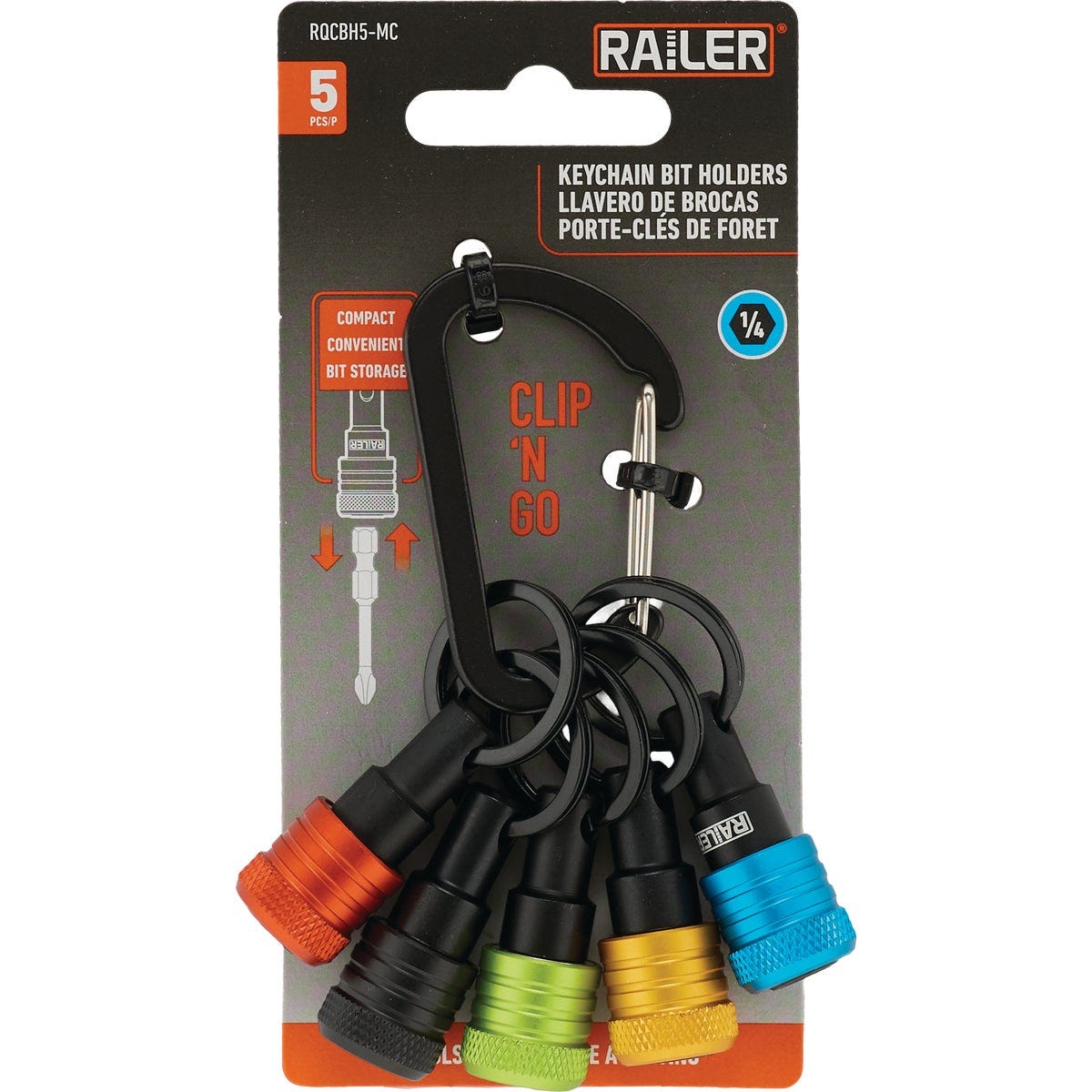 Railer Bit Holder Keychain with (5) Multi-Color Hex Shank Bit Holders