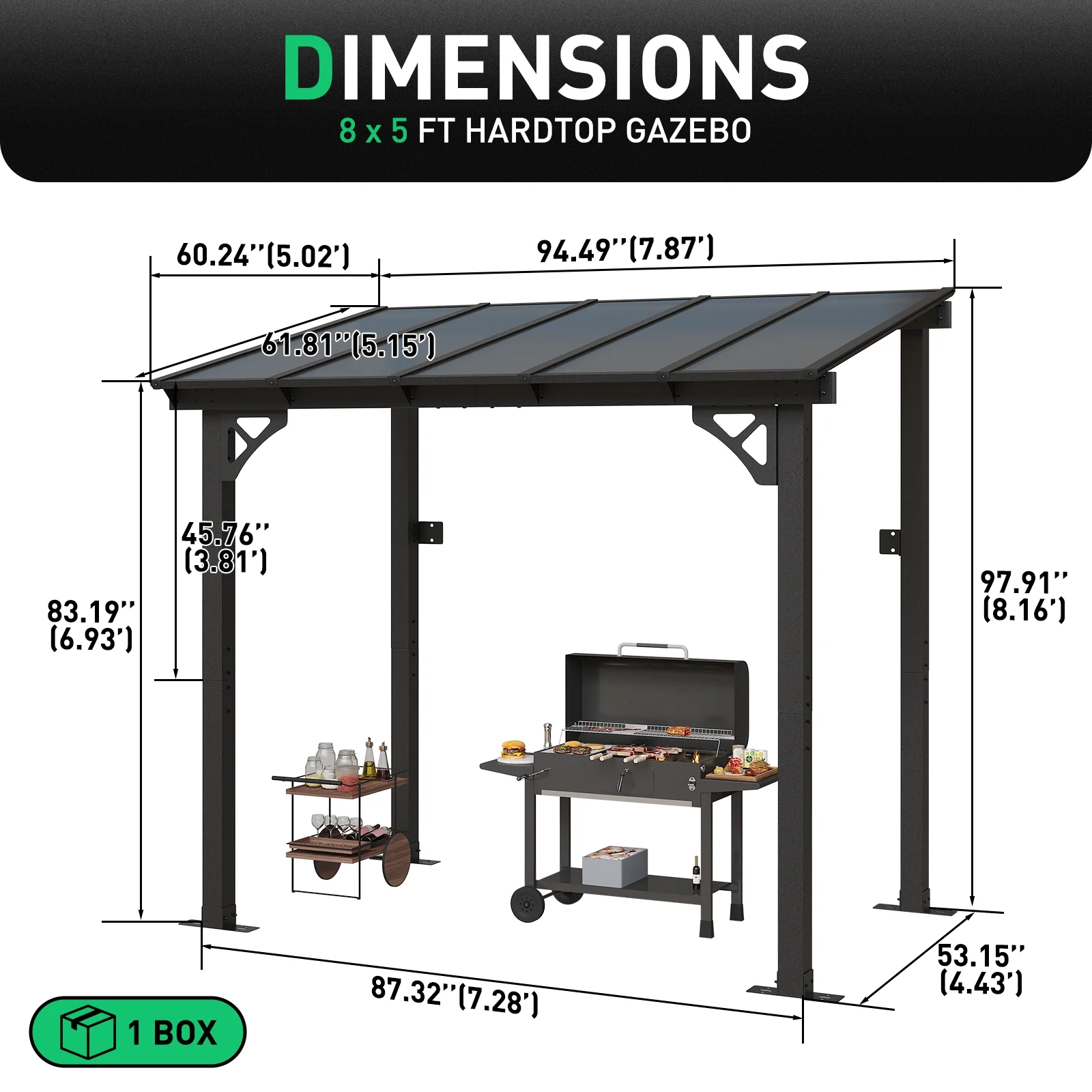 Aoxun 8' x 5' Gazebo for Patio, Gazebo Pergola with Sloped Roof, Grill Gazebo Large Wall-Mounted Heavy Duty Awnings, for Backyard, Deck, Patio - Image 12