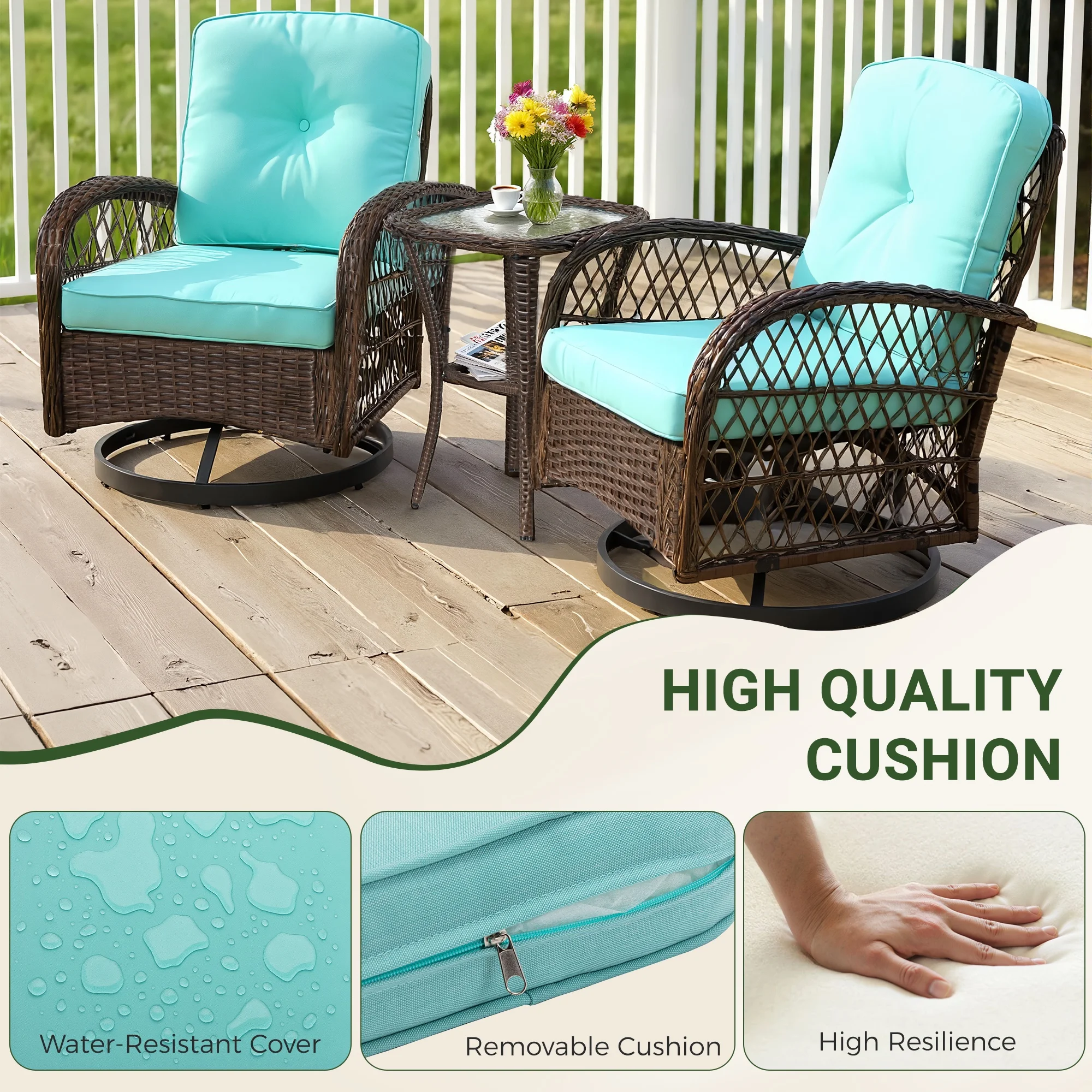 3 Piece Patio Swivel Rocker Chairs Set, 2 360-Degree Swivel Rocking Chairs with 1 Glass Top Table, PE Rattan Outdoor Bistro Set with Cushions for Balcony Deck Poolside Backyard Porch - Image 23