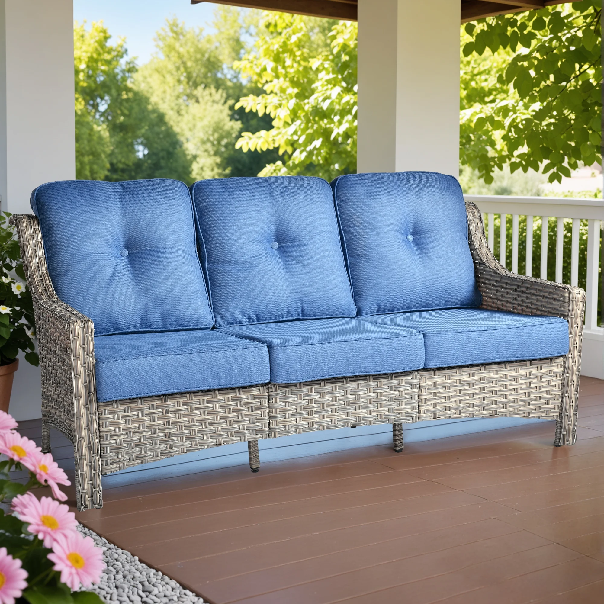Ovios Outdoor Patio Sofa 3-Seater with Cushions All-Weather Wicker Rattan Couch for Garden, Porch, or Backyard - Image 28
