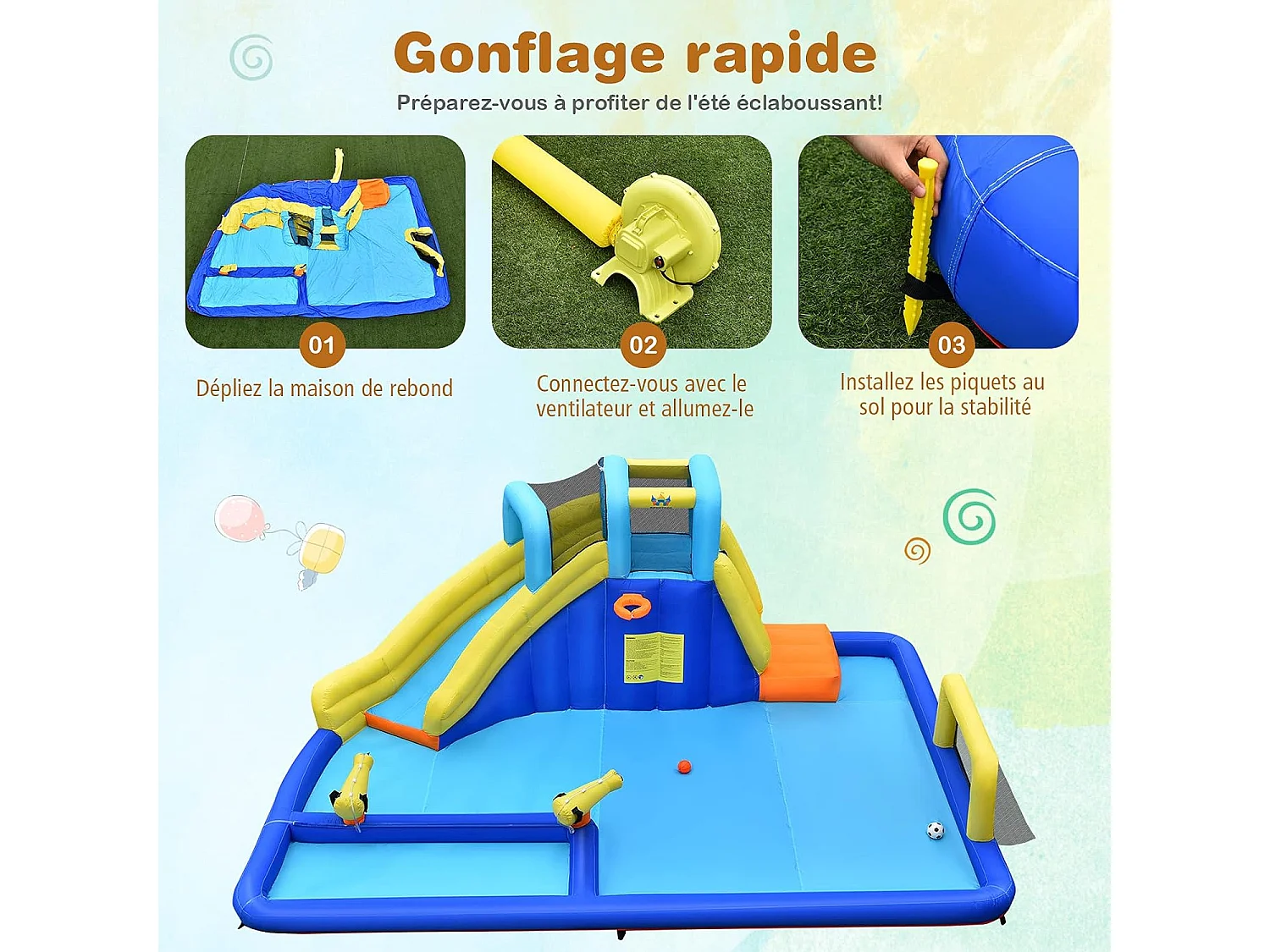 Château gonflable 6 en 1 avec escalade toboggan à jet d'eau grande piscine cadre de football