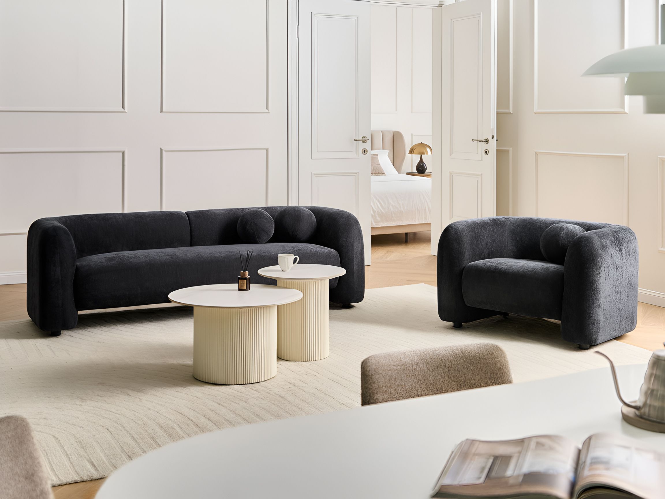 Living Room Set 4 Seater LEIREN Chenille Black