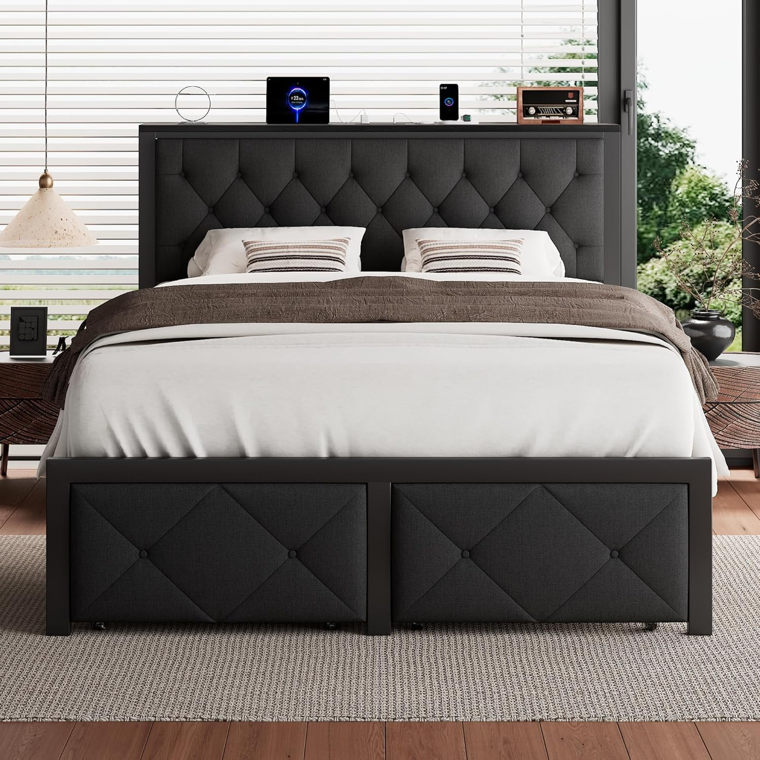 iPormis Full Bed Frame with 2 Drawers, Metal Platform Bed with Charging Station and Linen Fabric Storage Headboard Strong Metal Slats Black,Gray - Image 13