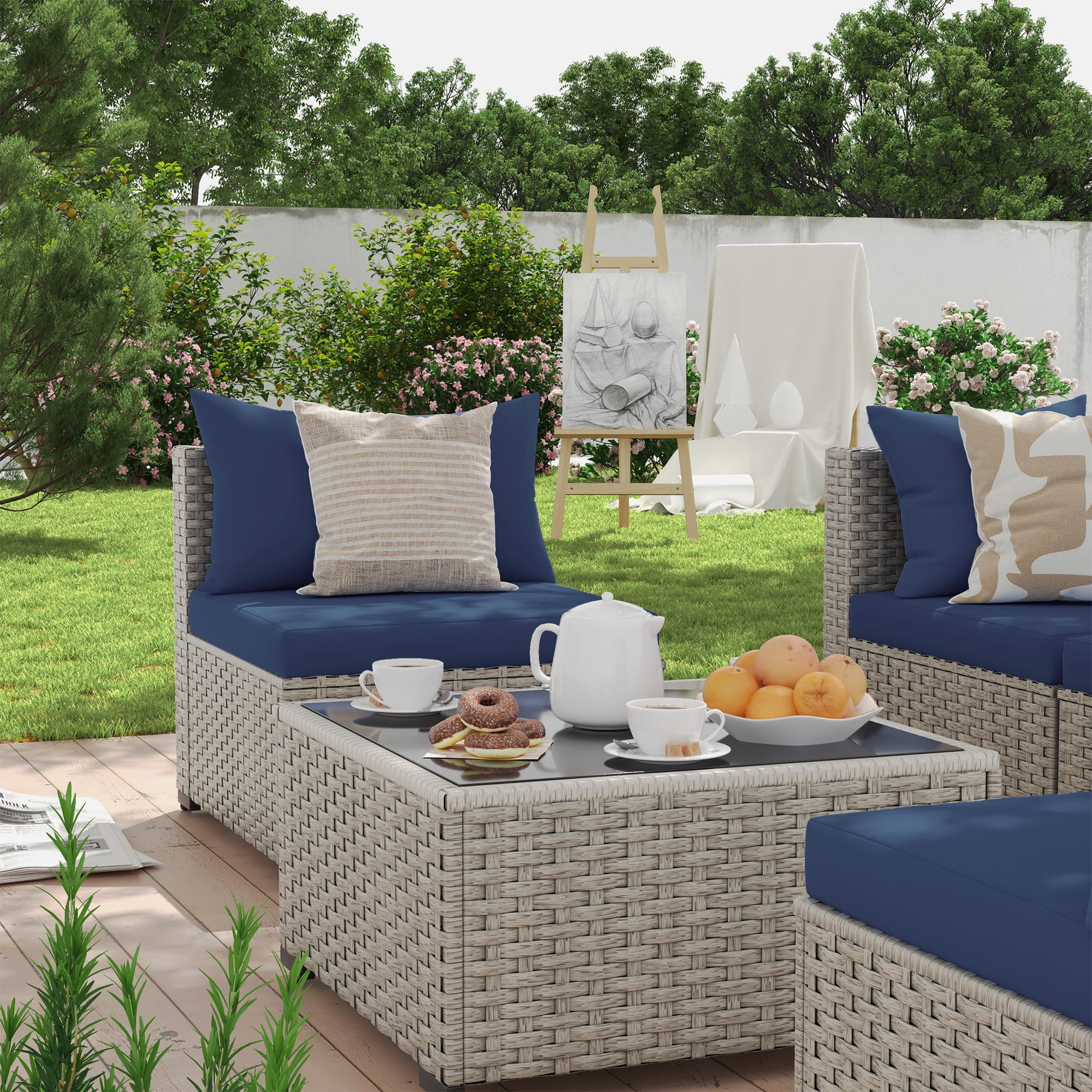 7 Pieces Patio Conversation Set, Outdoor Sectional PE Rattan Wicker Furniture Seat,Dark Gray - Image 32