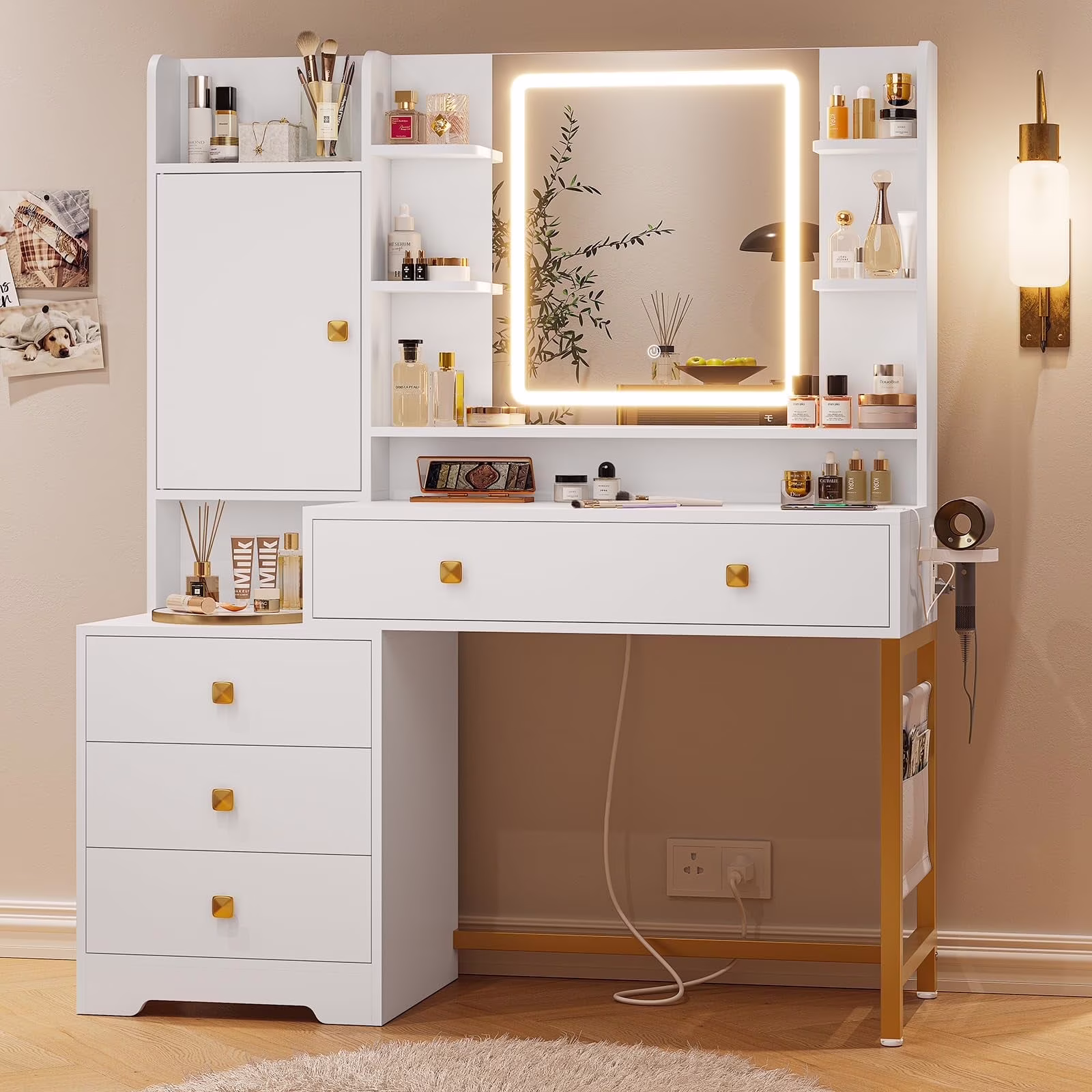 Makeup Vanity Desk with Lighted Mirror & Charging Stations & 6 Drawers Large Vanity Table Bedroom Dressing Table with Glass Tabletop&Side Cabinet&Glass Tabletop, Black - Image 5