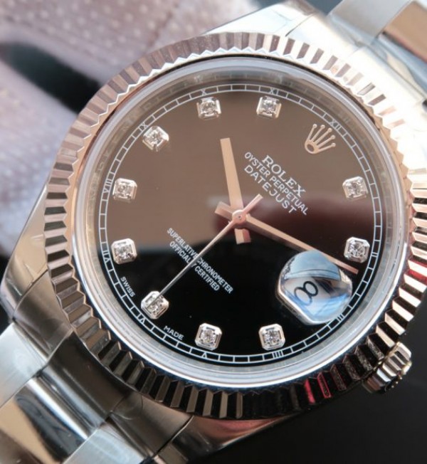 Replica Rolex DateJust 41mm 116334 Fluted Bezel Black Dial Diamonds Markers SS Bracelet A3136 - Elite Watch Atelier