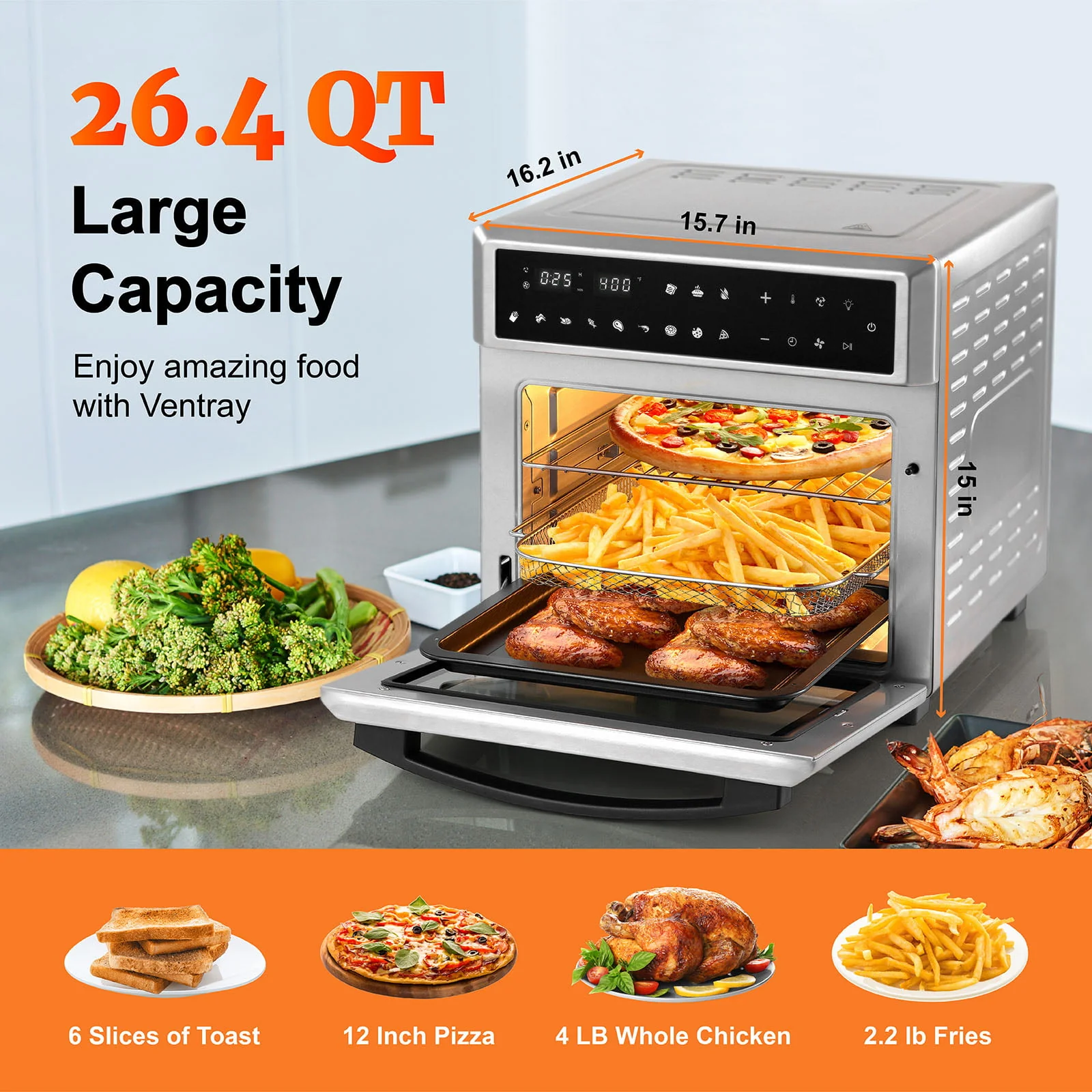 VENTRAY 1700W Convection Countertop Oven, 26QT Electric Air Fryer Toaster , 6 in 1 Oven master, Bake Pan, Broil Rack & Fry Basket included, 12 Cooking Pre-sets