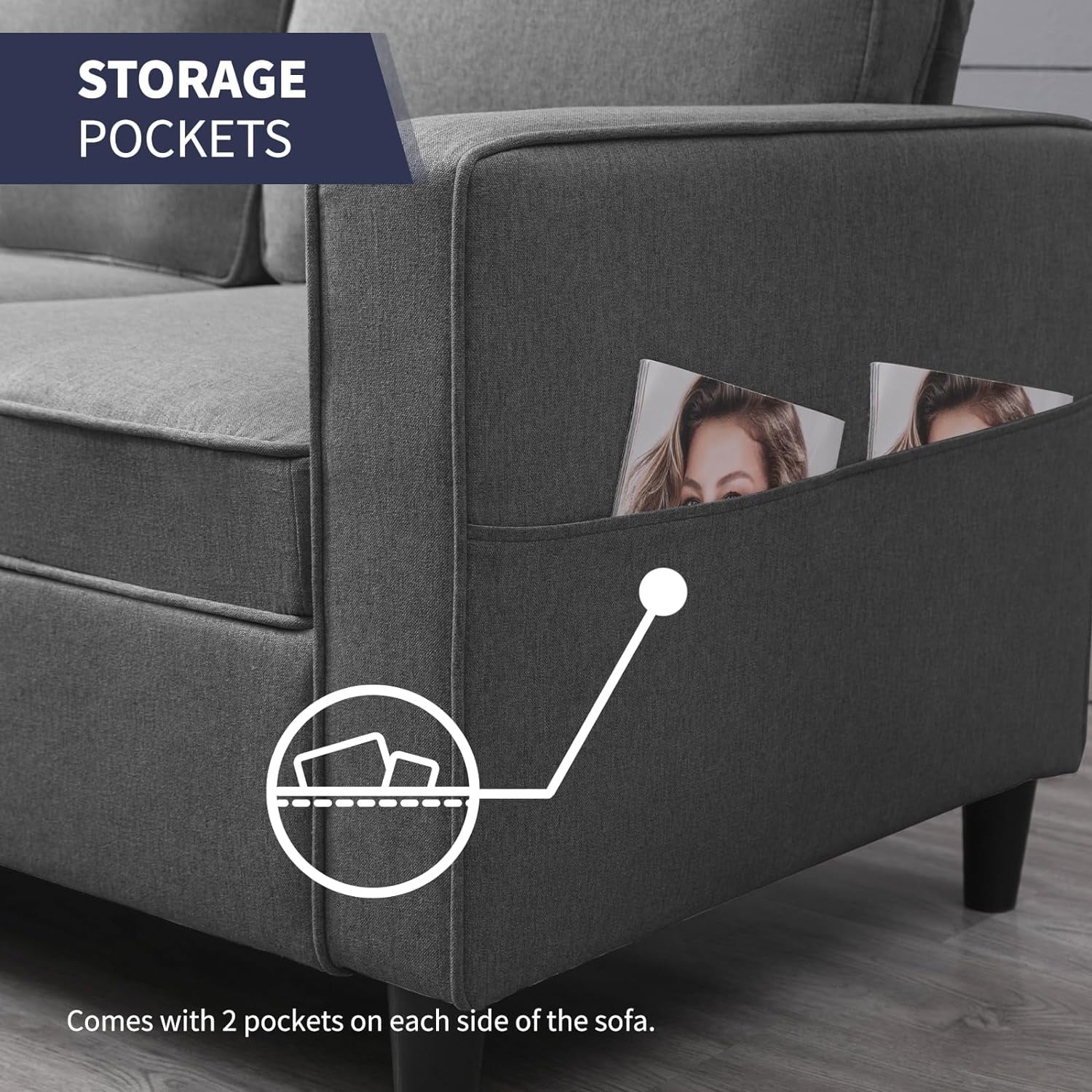 ijuicy Sectional Sofa Set,3PCS Living Room Furniture Couch Sets with Movable Storage Ottoman & Side Pockets,Include Sofa,Loveseat&Chair,Dark Gray - Image 7
