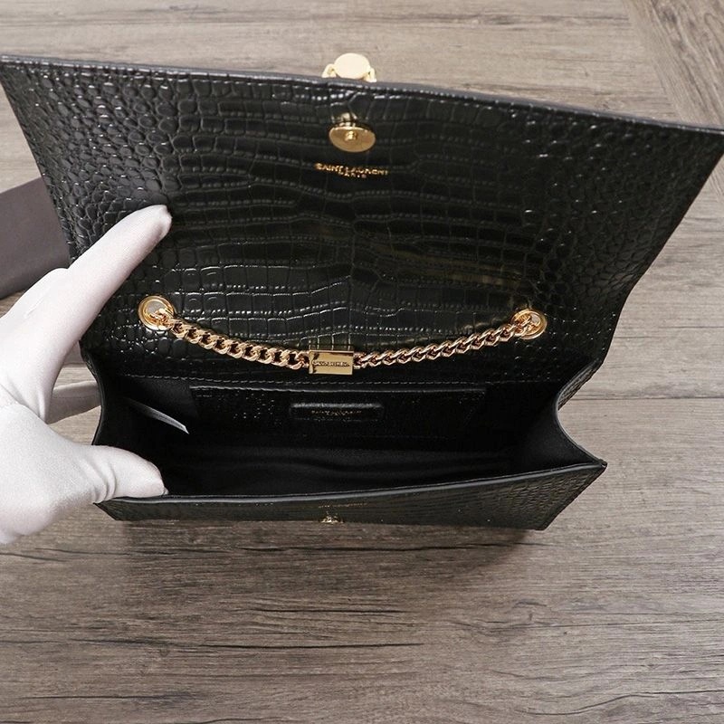 Saint Laurent Medium Kate Chain Bag with Tassel In Crocodile Embossed Shiny Leather Black Gold - 1:1High-quality replica