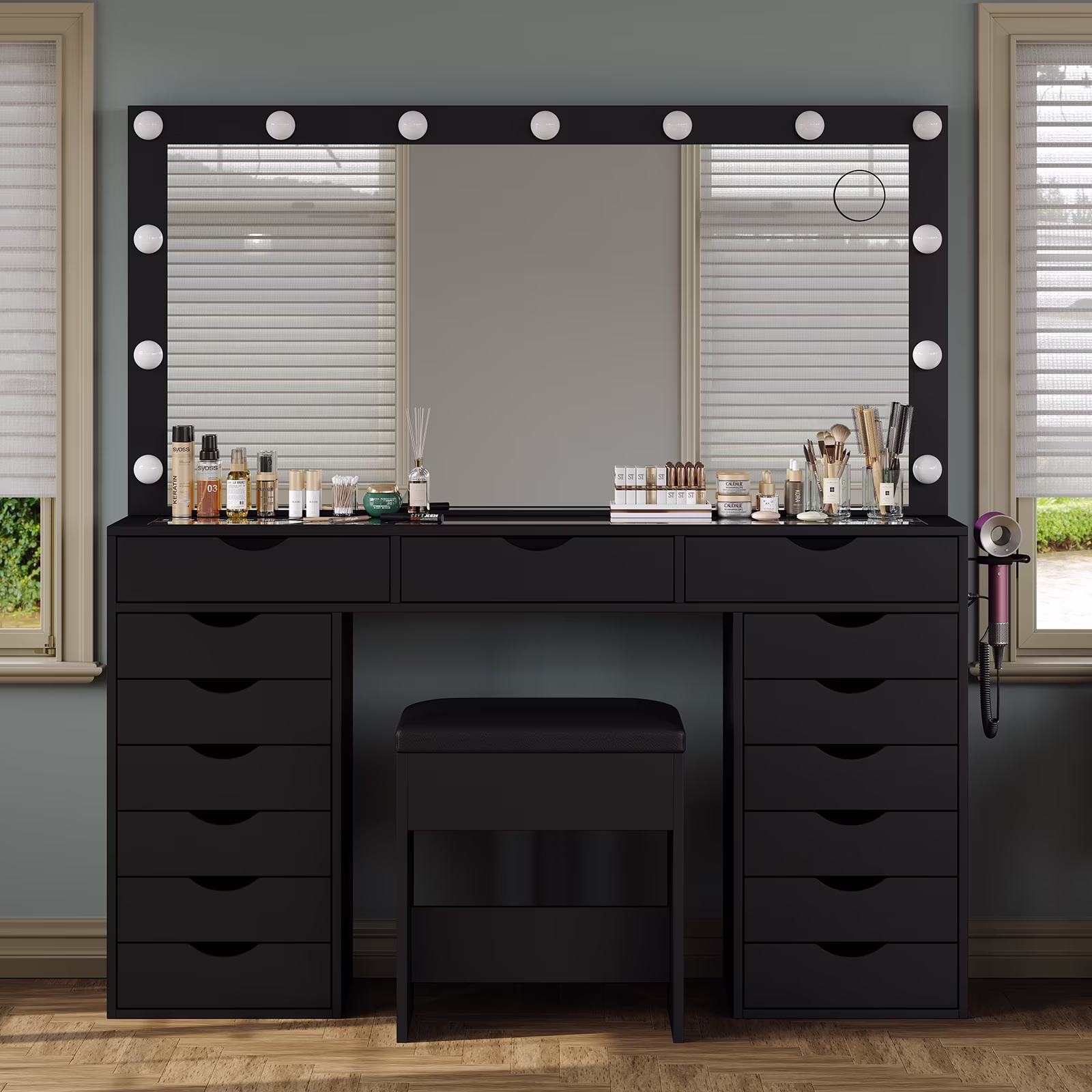 Yanosaku 15 Drawers Vanity Desk with Power Outlet, Makeup Table with Mirror and 13 LED Lights, 3 Color Lighting Modes, Brightness Adjustable, Glass Top Dressing Table, Vanity Set for Bedroom - Image 5